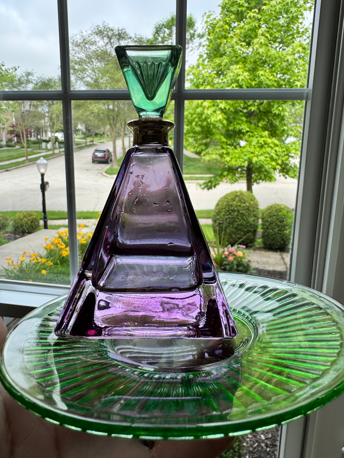 Illusions Pyramid Perfume Bottle – Amethyst and Emerald Art Glass with Gold Collar