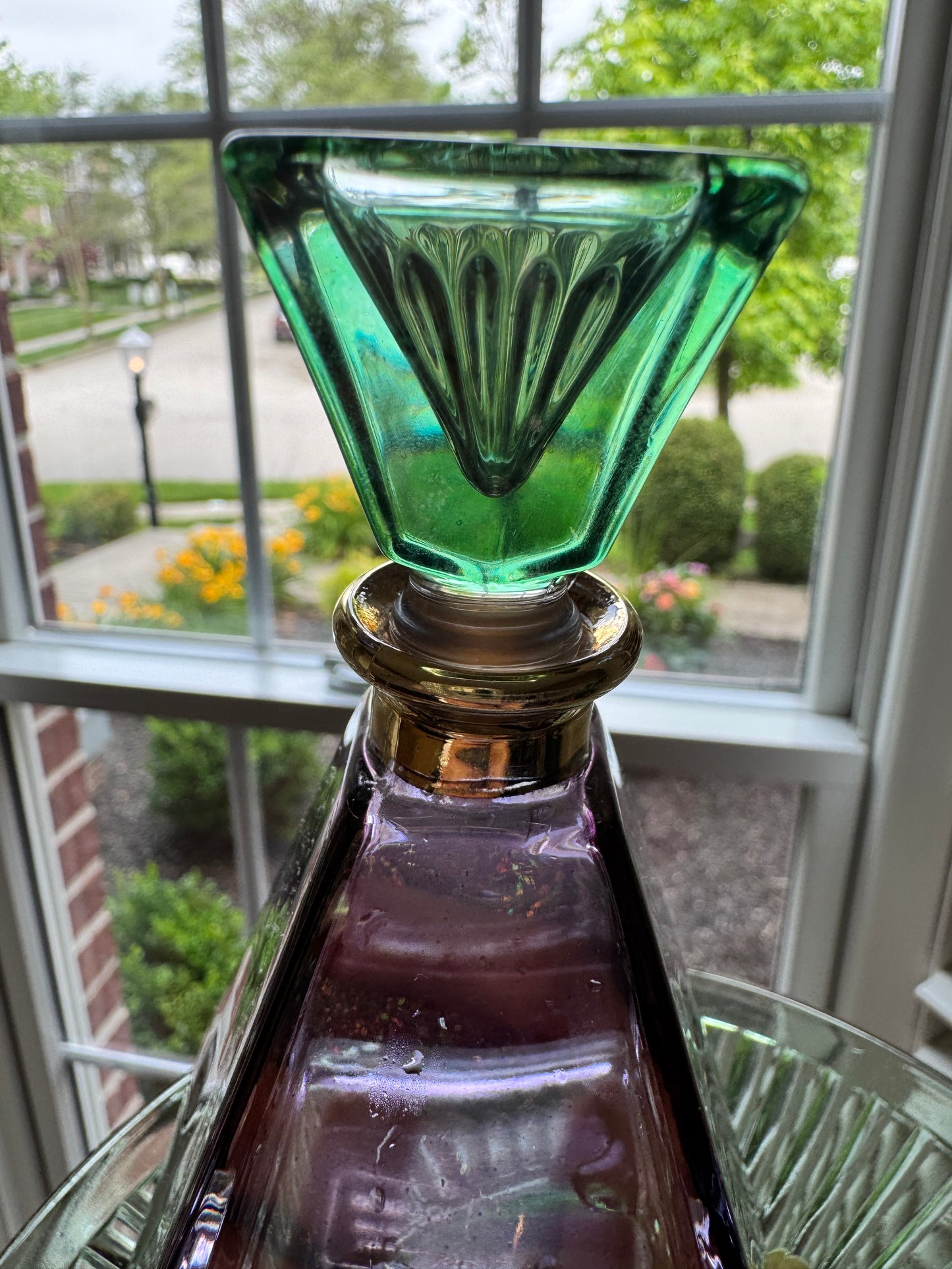 Illusions Pyramid Perfume Bottle – Amethyst and Emerald Art Glass with Gold Collar