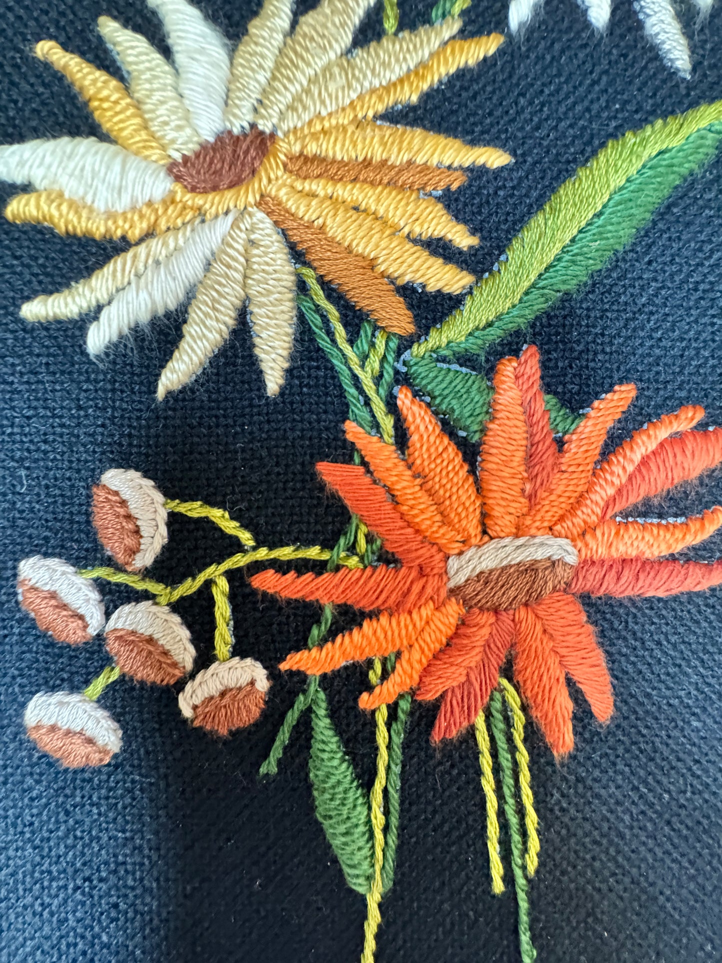Vintage Floral Embroidery in Wooden Frame – Mid-Century Handmade Needlework Wall Art (11.5” x 7.5”)