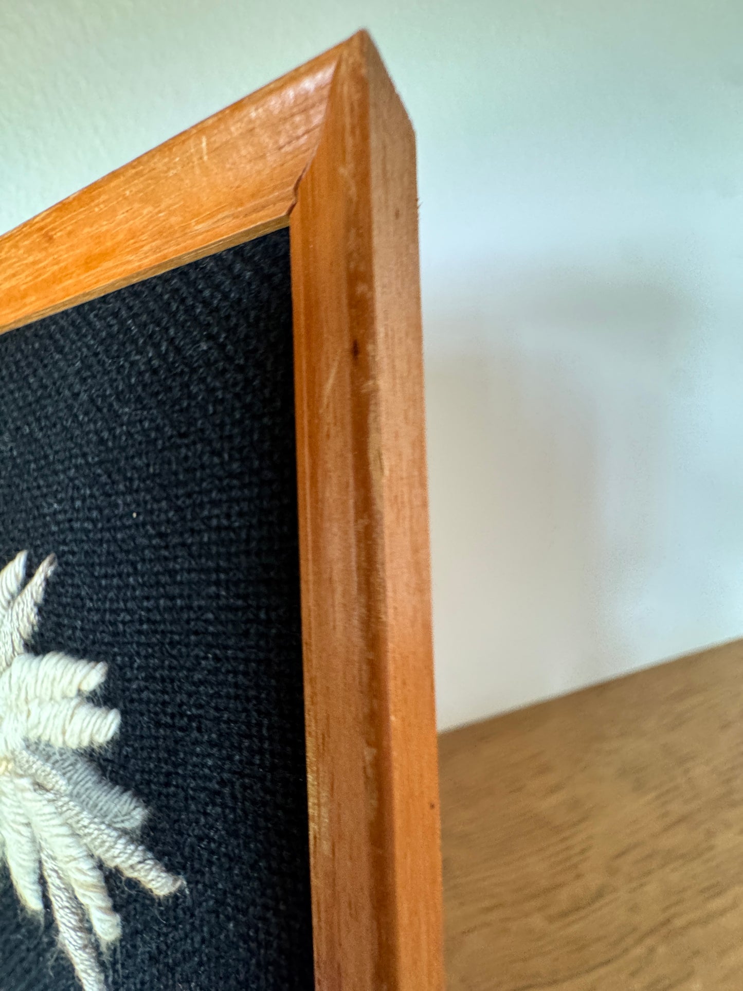 Vintage Floral Embroidery in Wooden Frame – Mid-Century Handmade Needlework Wall Art (11.5” x 7.5”)