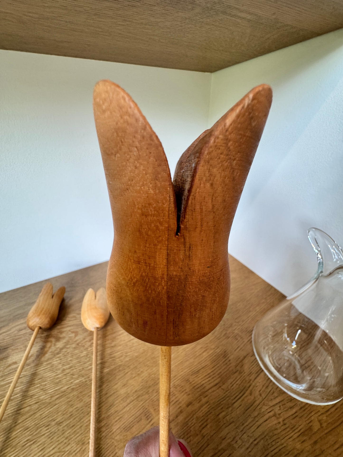 Set of 3 Swiss Wooden Tulip Stems – Hand-Carved Folk Art Flowers, 11”