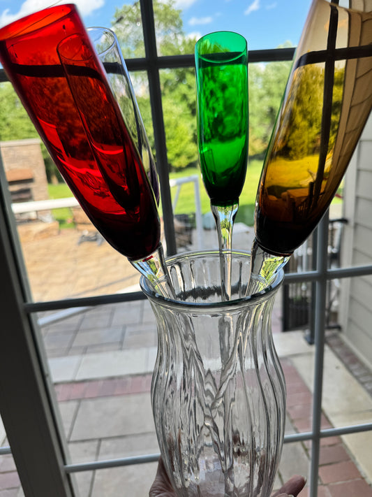 Curated Handblown Rainbow Champagne Flute Set (Set of 4 + Display Vase