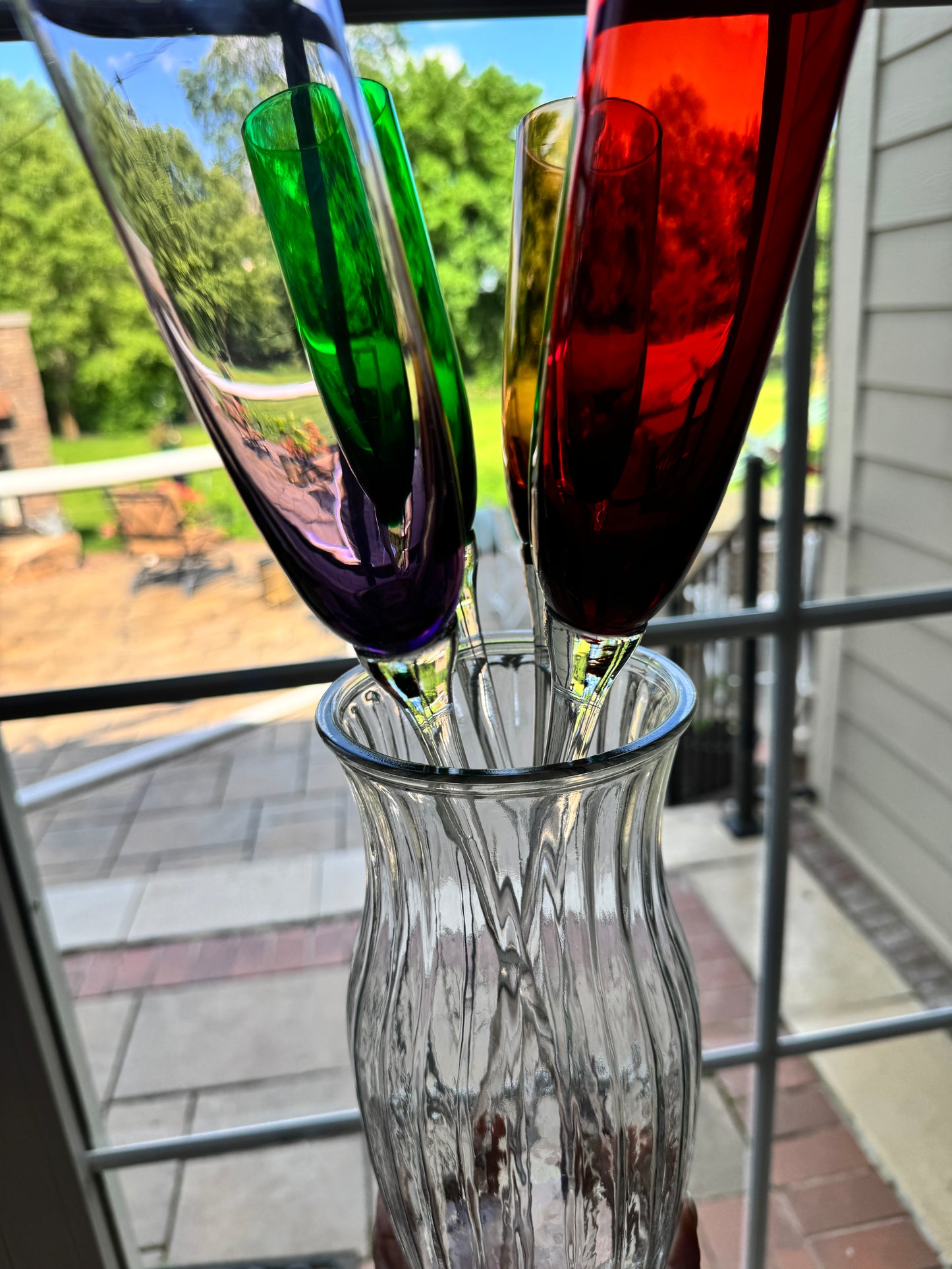 Curated Handblown Rainbow Champagne Flute Set (Set of 4 + Display Vase