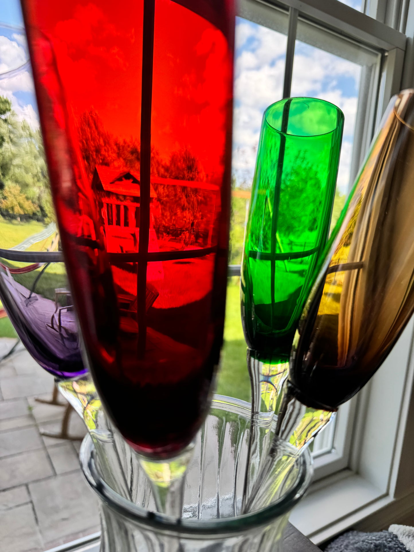 Curated Handblown Rainbow Champagne Flute Set (Set of 4 + Display Vase