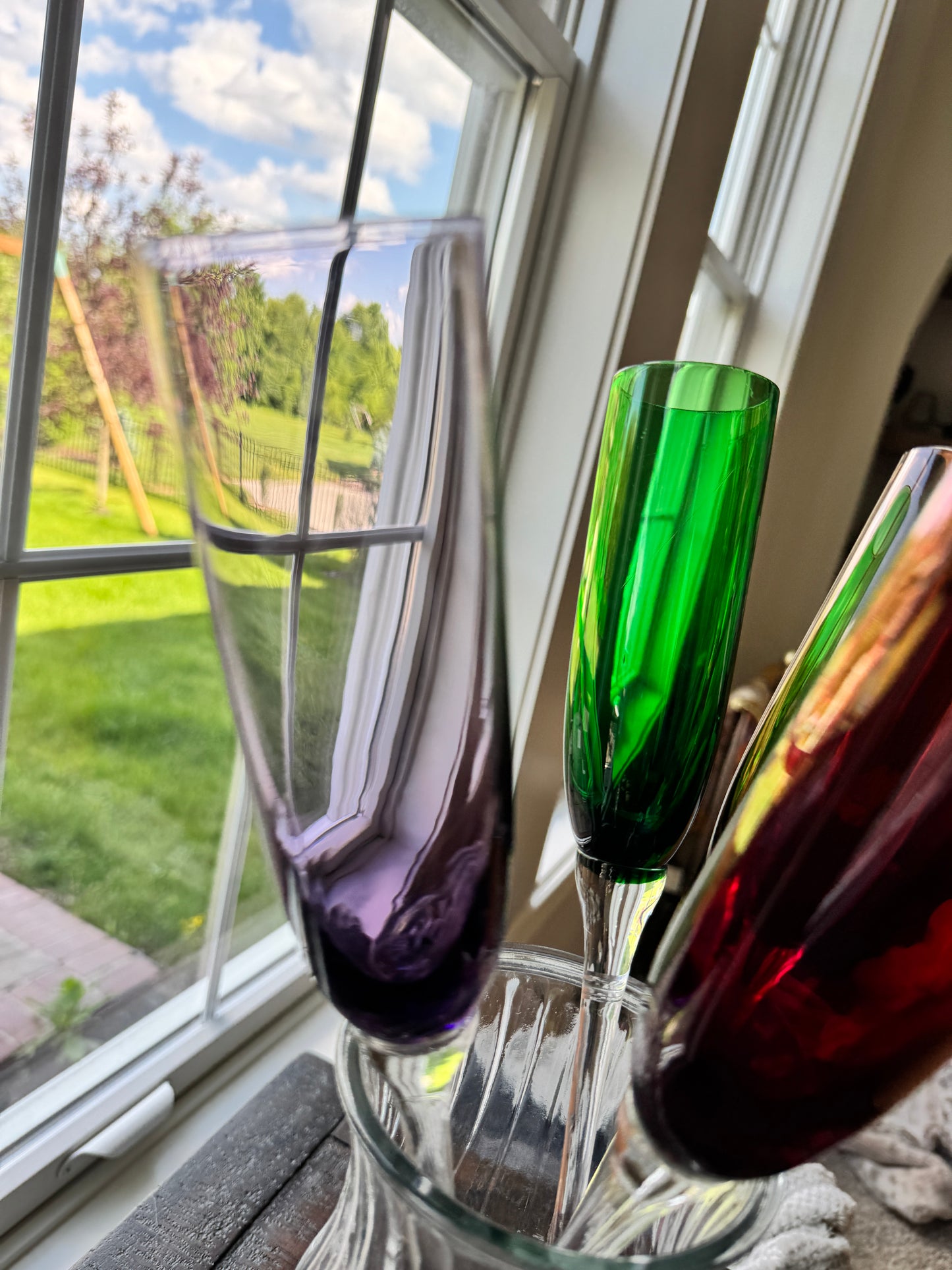 Curated Handblown Rainbow Champagne Flute Set (Set of 4 + Display Vase
