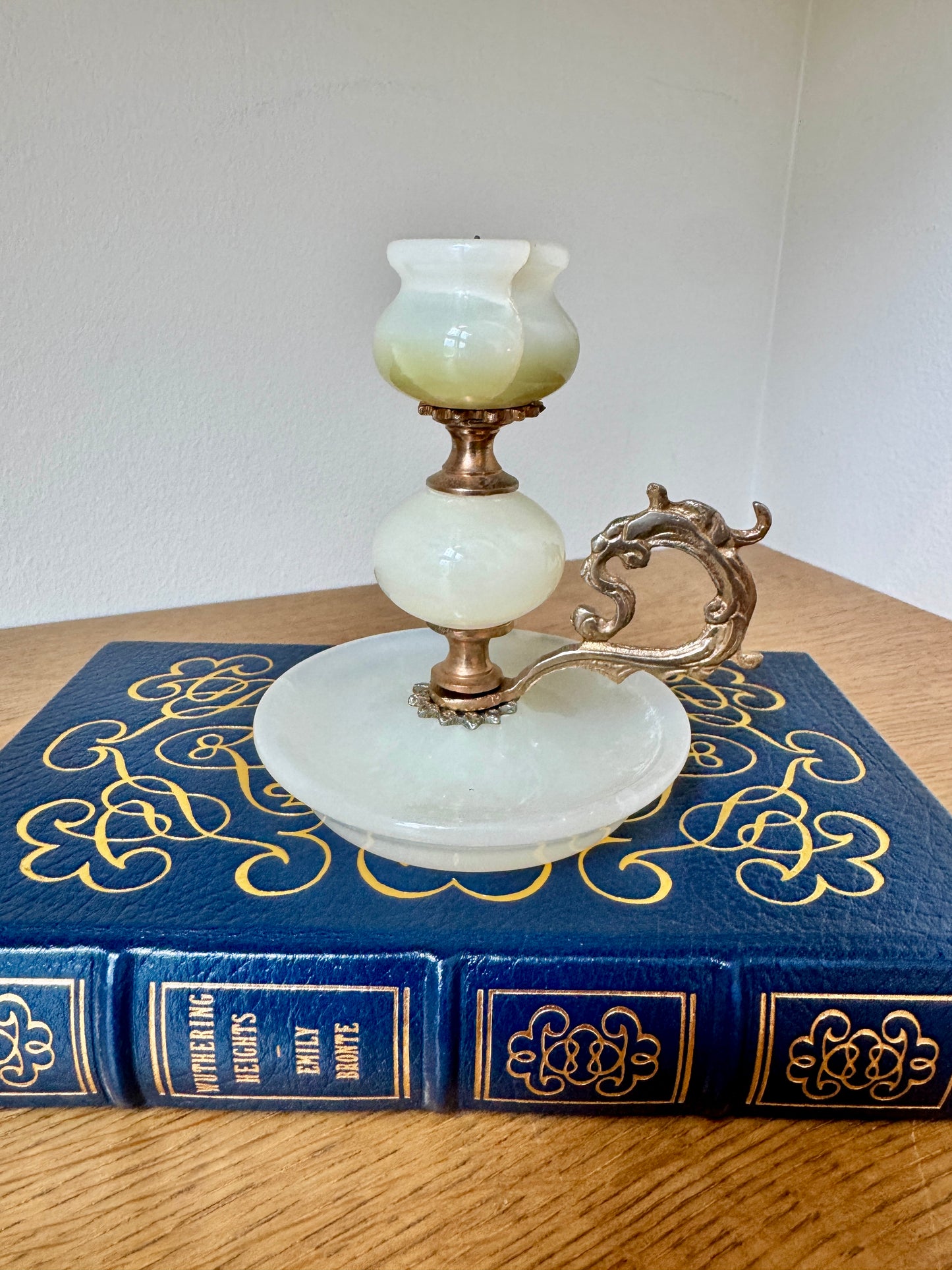 Vintage Onyx & Brass Candlestick Holder – Green & Cream Stone Candle Holder with Ornate Handle