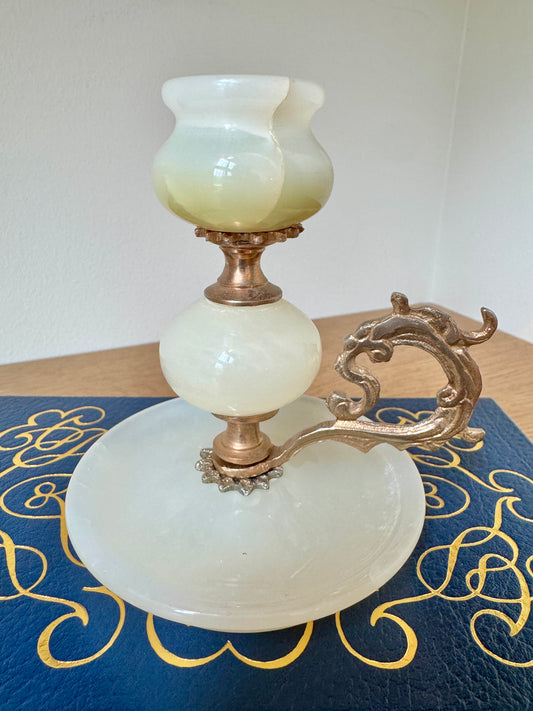 Vintage Onyx & Brass Candlestick Holder – Green & Cream Stone Candle Holder with Ornate Handle