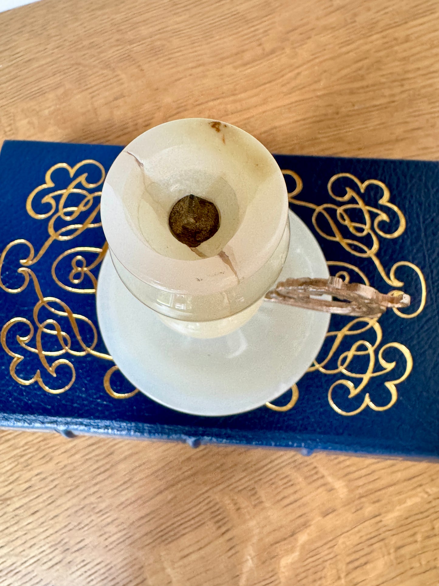 Vintage Onyx & Brass Candlestick Holder – Green & Cream Stone Candle Holder with Ornate Handle