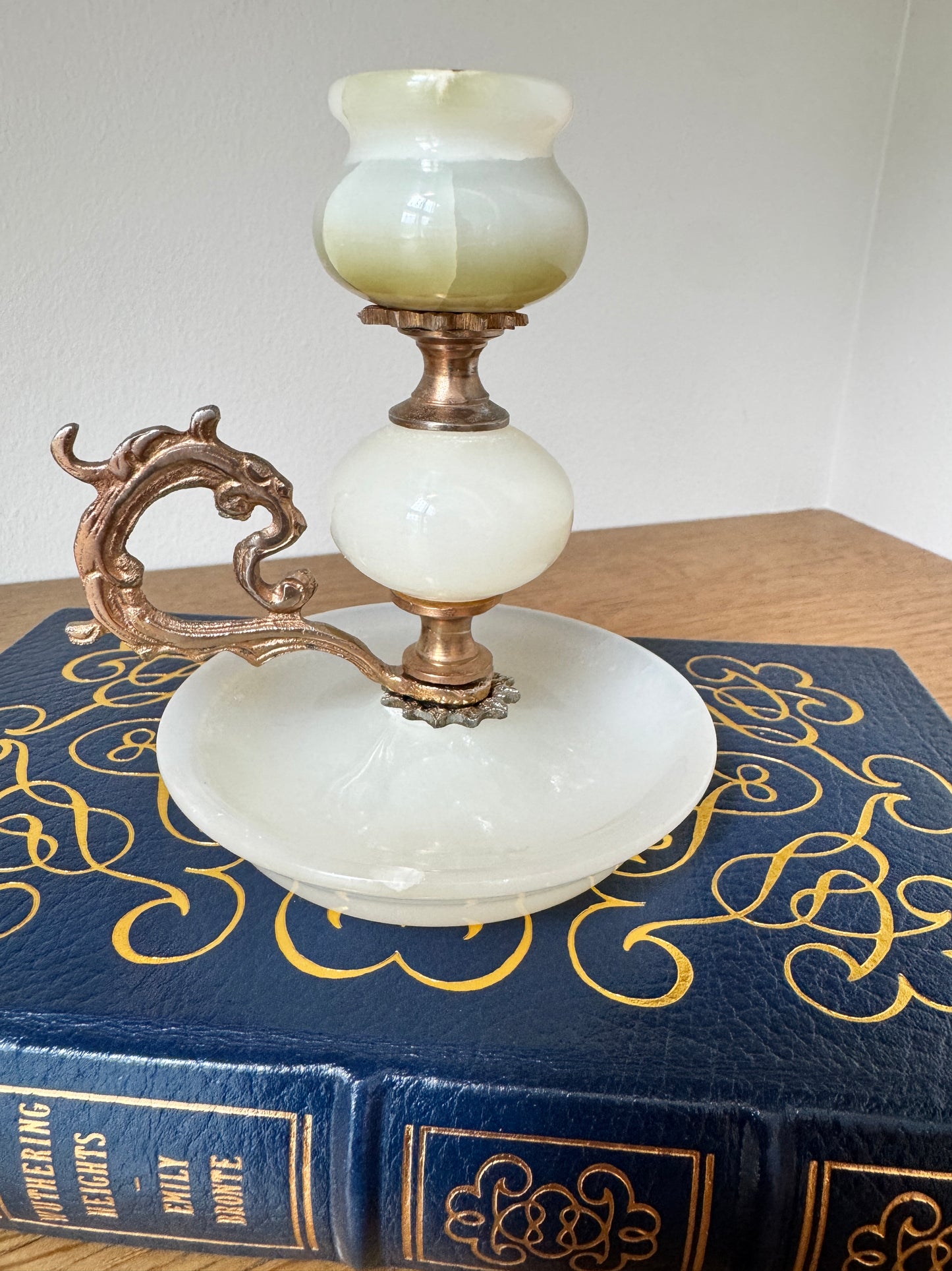 Vintage Onyx & Brass Candlestick Holder – Green & Cream Stone Candle Holder with Ornate Handle