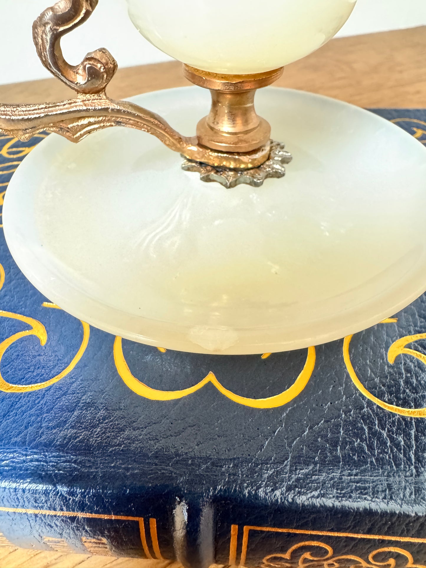 Vintage Onyx & Brass Candlestick Holder – Green & Cream Stone Candle Holder with Ornate Handle