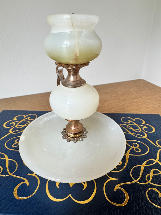 Vintage Onyx & Brass Candlestick Holder – Green & Cream Stone Candle Holder with Ornate Handle