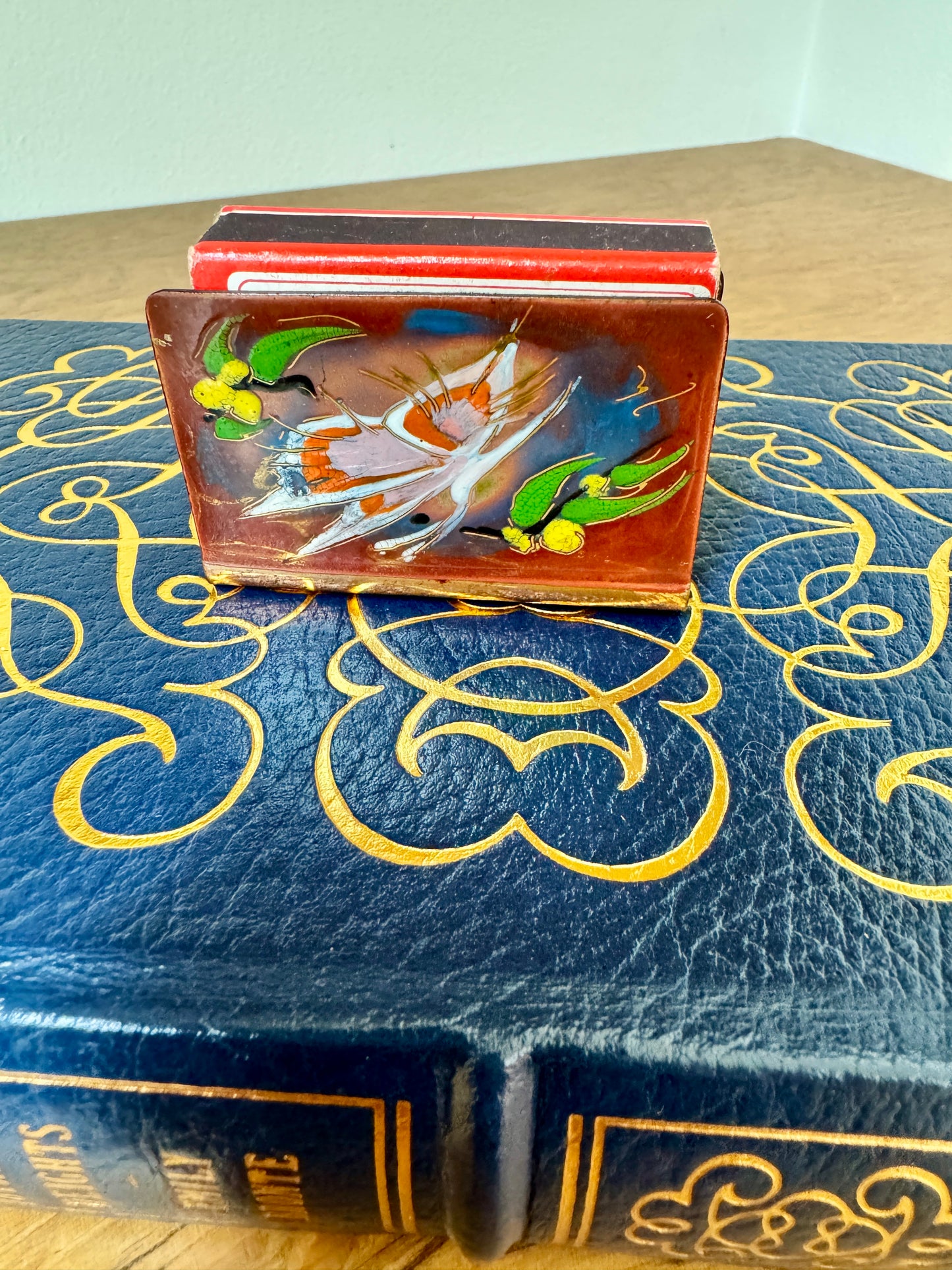 Hand-Painted Copper Match Holder with Butterflies + Vintage Matchbox – 2.25”