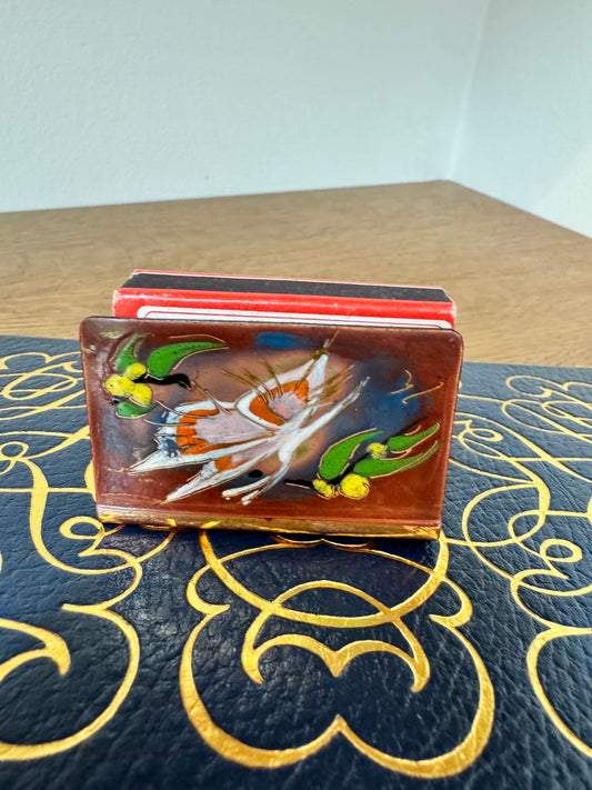 Hand-Painted Copper Match Holder with Butterflies + Vintage Matchbox – 2.25”