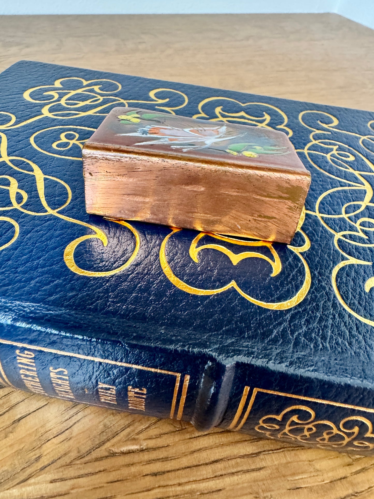 Hand-Painted Copper Match Holder with Butterflies + Vintage Matchbox – 2.25”