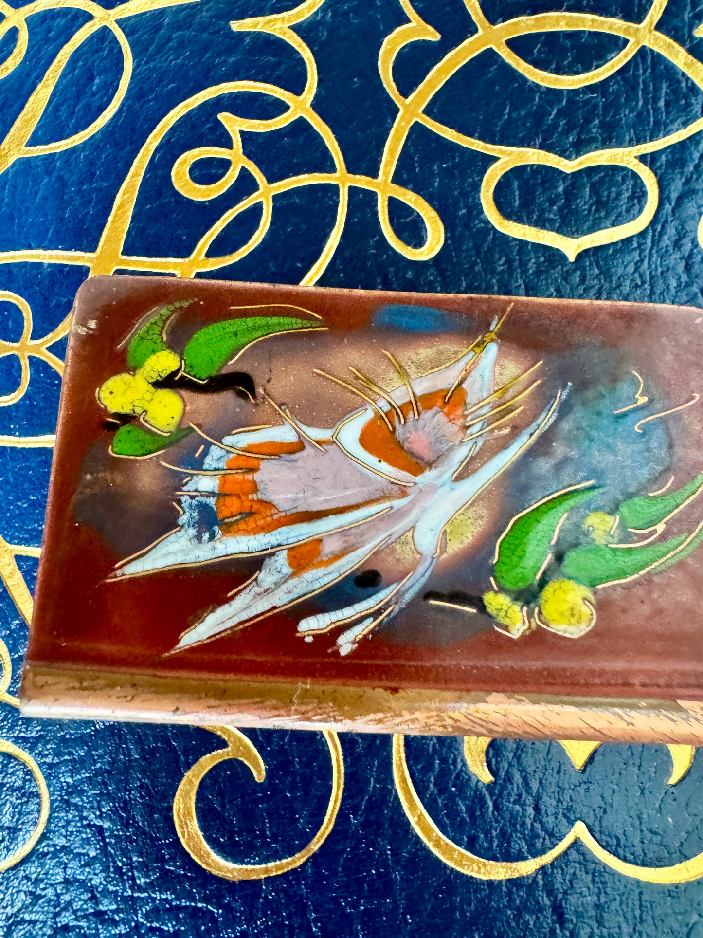 Hand-Painted Copper Match Holder with Butterflies + Vintage Matchbox – 2.25”