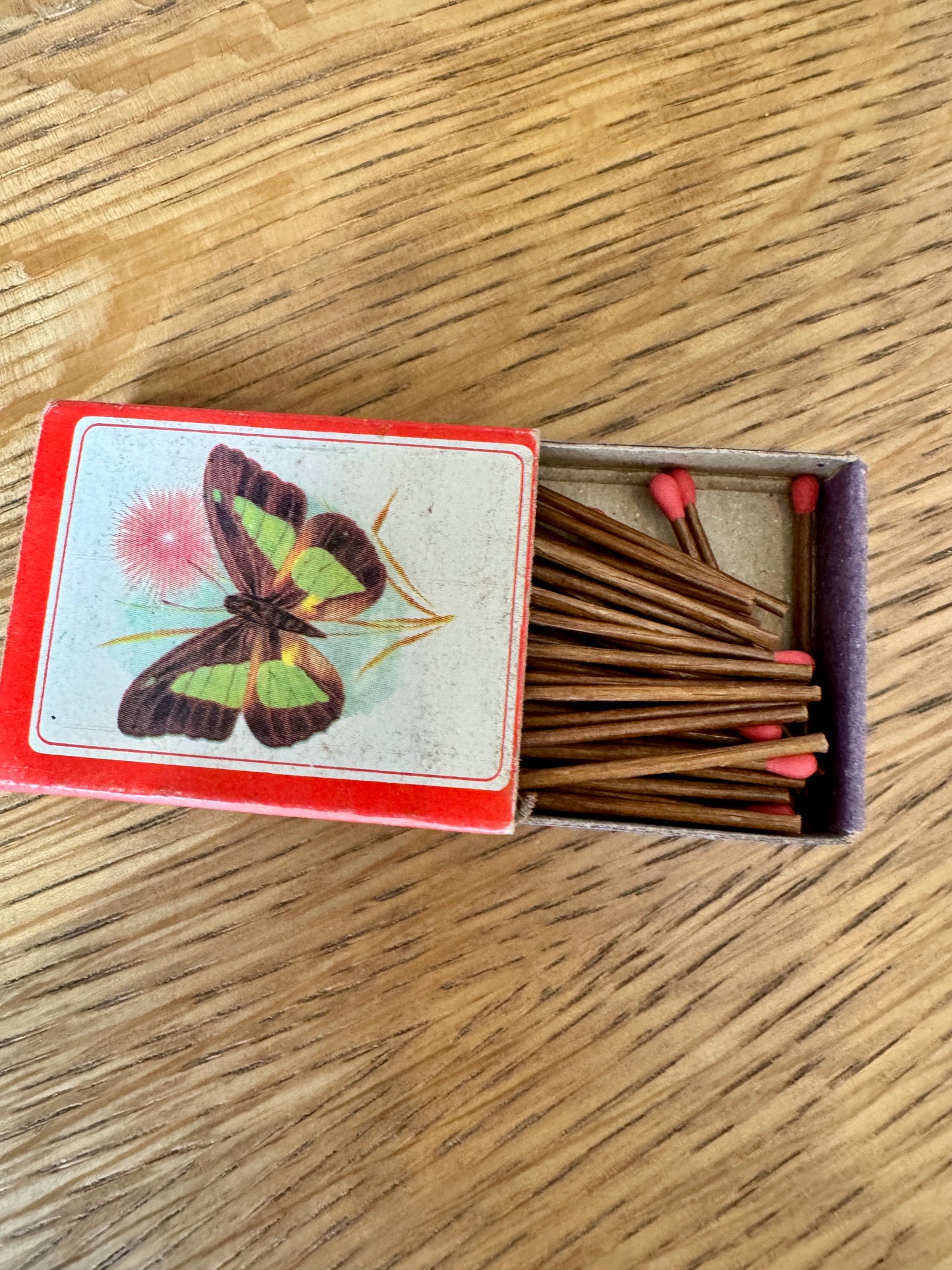 Hand-Painted Copper Match Holder with Butterflies + Vintage Matchbox – 2.25”
