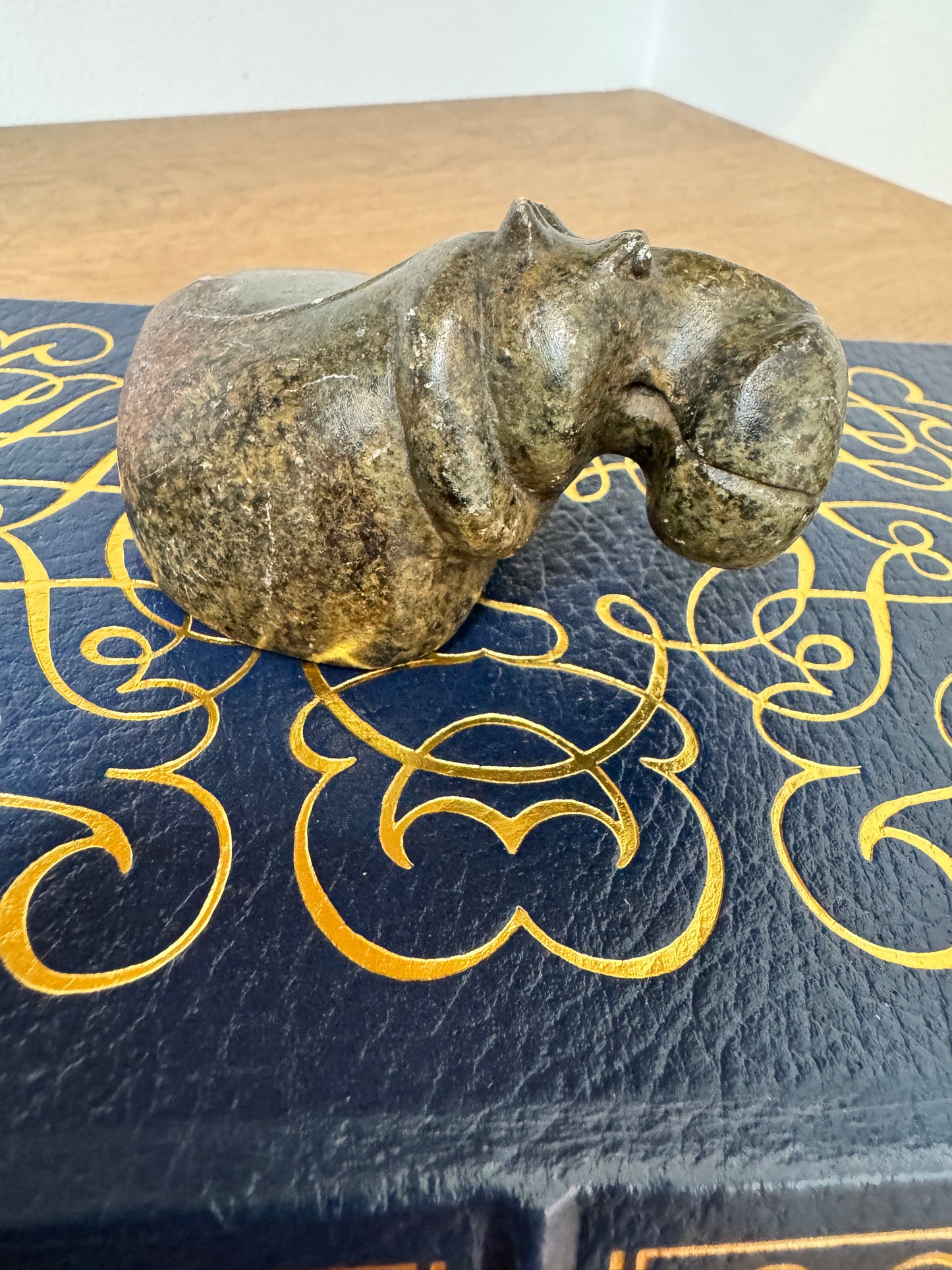 Hand-Carved Stone Hippo Figurine - Natural Soapstone animal Sculpture - 4" long