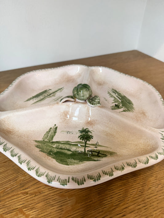 Sihl Zurich Hand-Painted Divided Ceramic Dish - Scenic Green Landscape Design, Midcentury Modern Swiss Pottery (12")