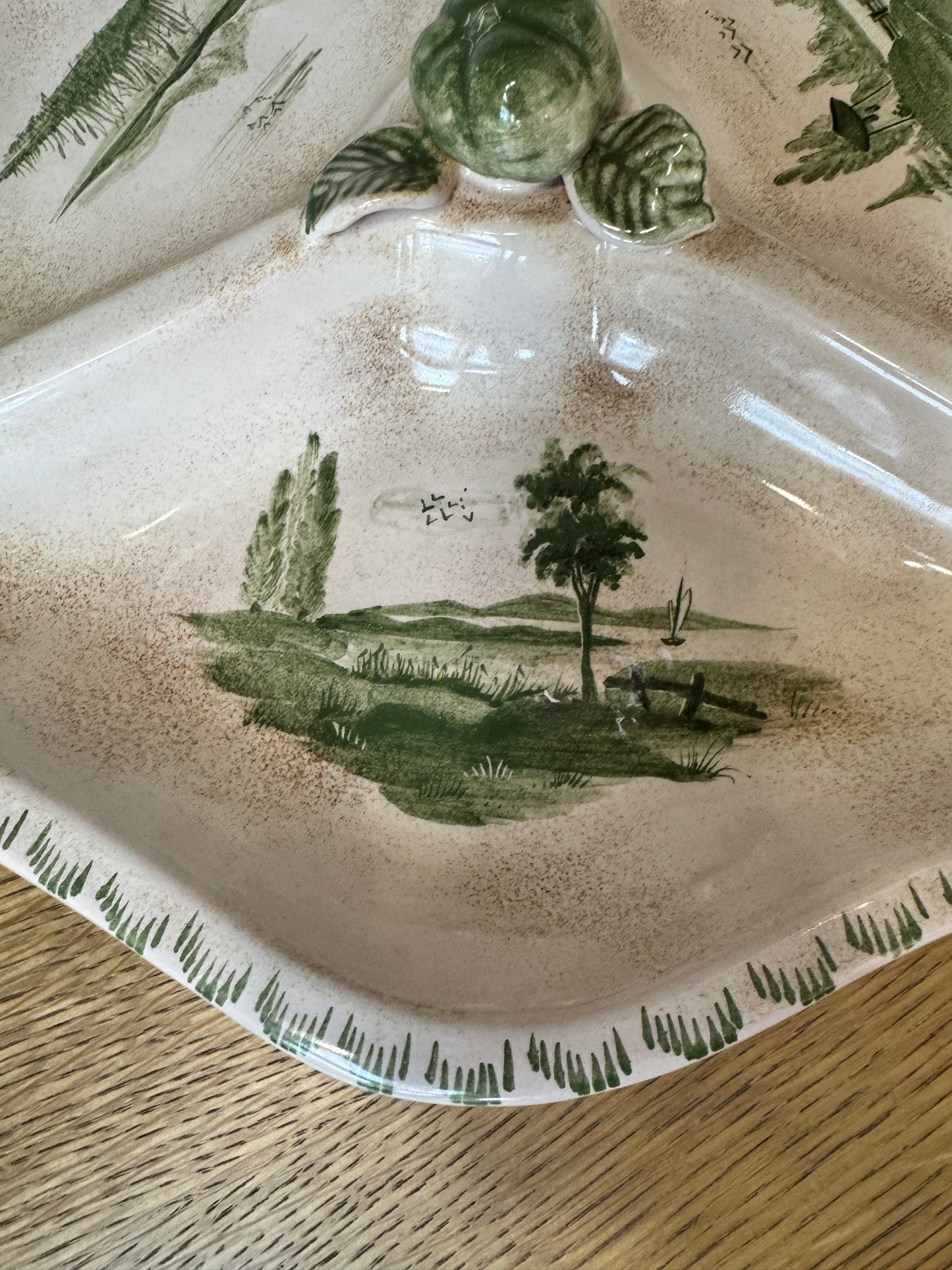 Sihl Zurich Hand-Painted Divided Ceramic Dish - Scenic Green Landscape Design, Midcentury Modern Swiss Pottery (12")