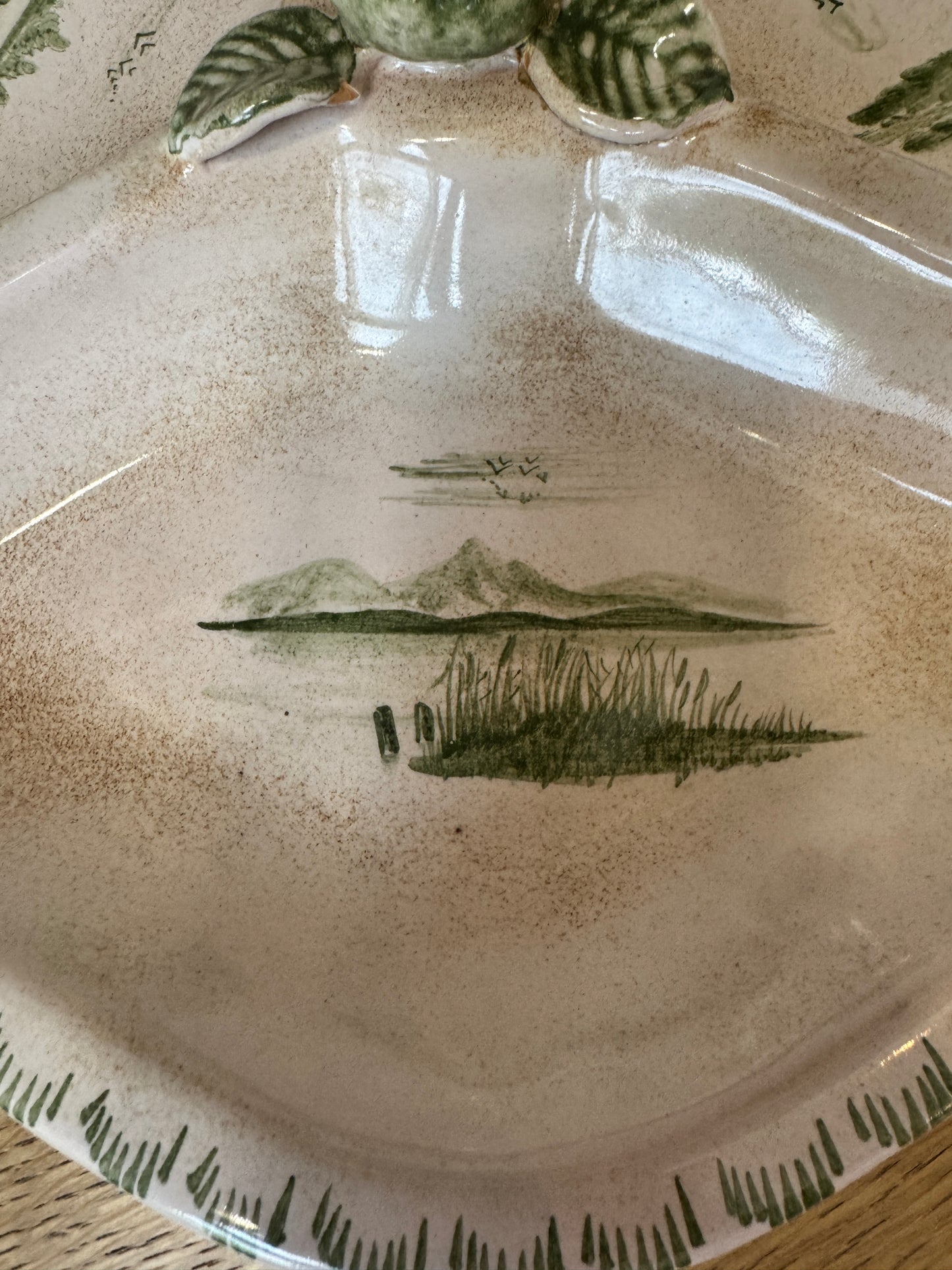 Sihl Zurich Hand-Painted Divided Ceramic Dish - Scenic Green Landscape Design, Midcentury Modern Swiss Pottery (12")