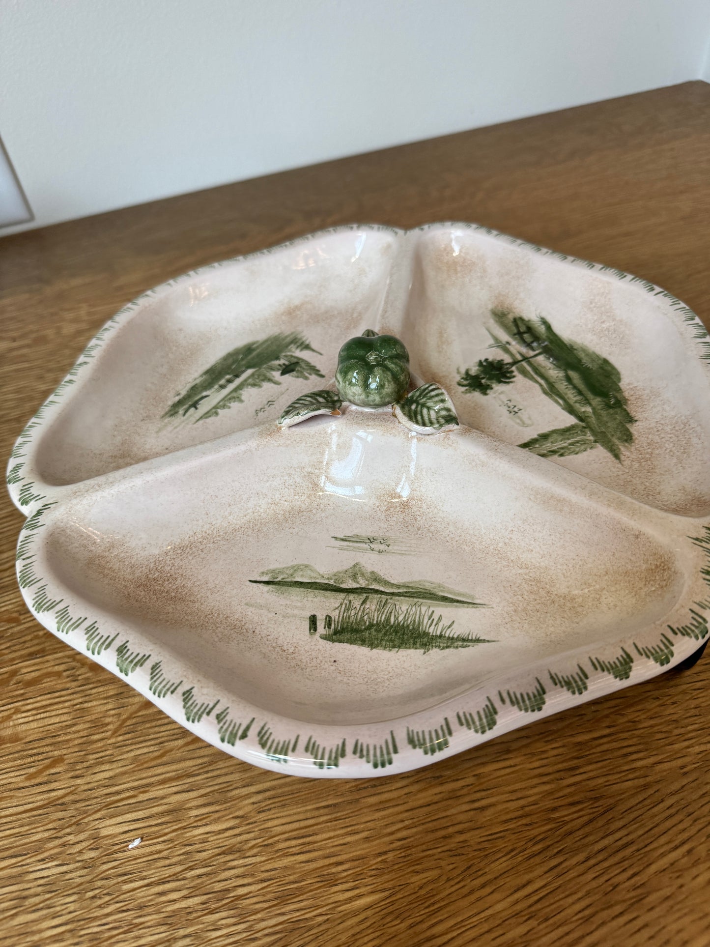 Sihl Zurich Hand-Painted Divided Ceramic Dish - Scenic Green Landscape Design, Midcentury Modern Swiss Pottery (12")