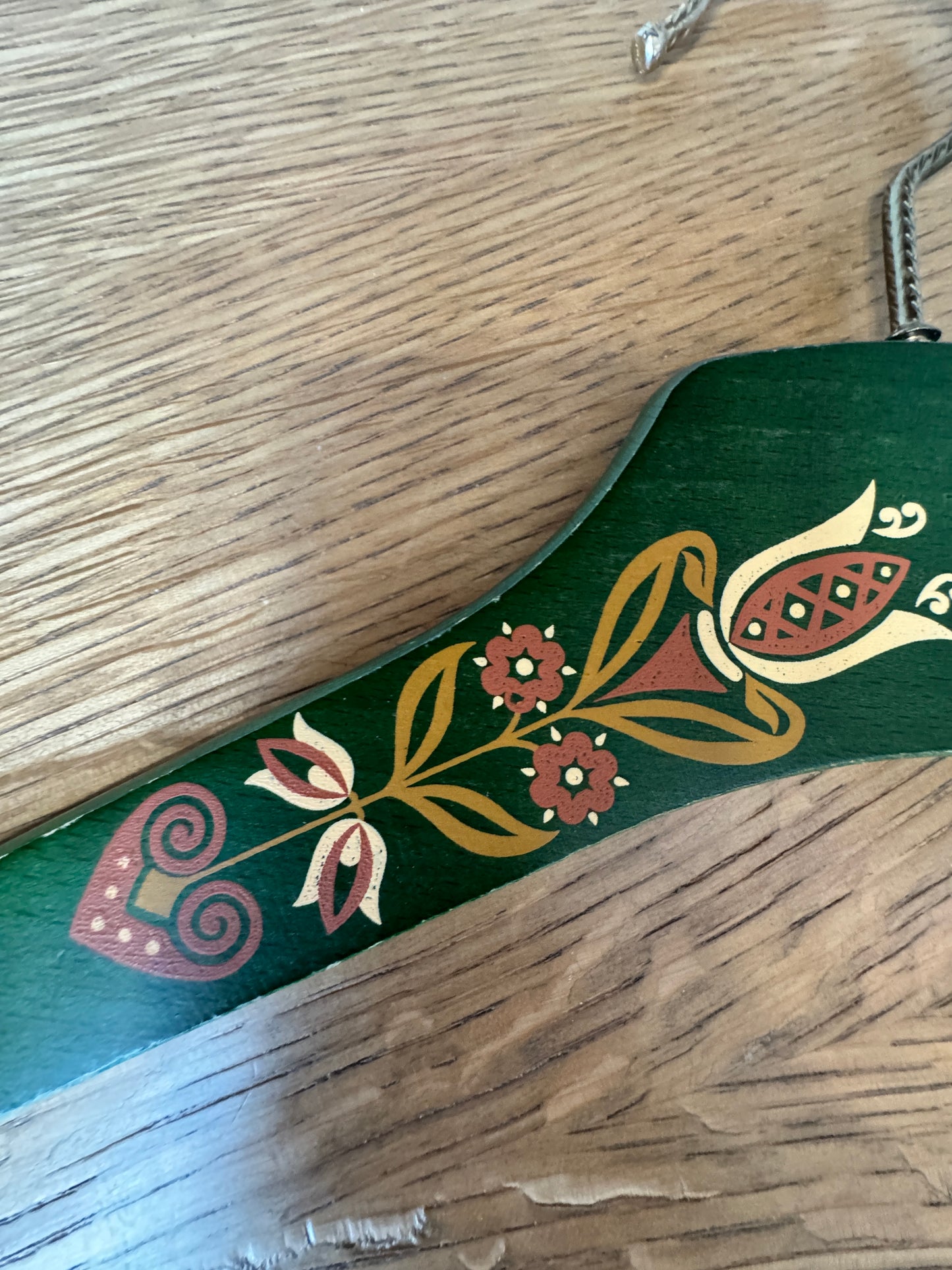 Hand-Painted Wooden Folk Art Hanger – Green Floral Tulip Design – 17"