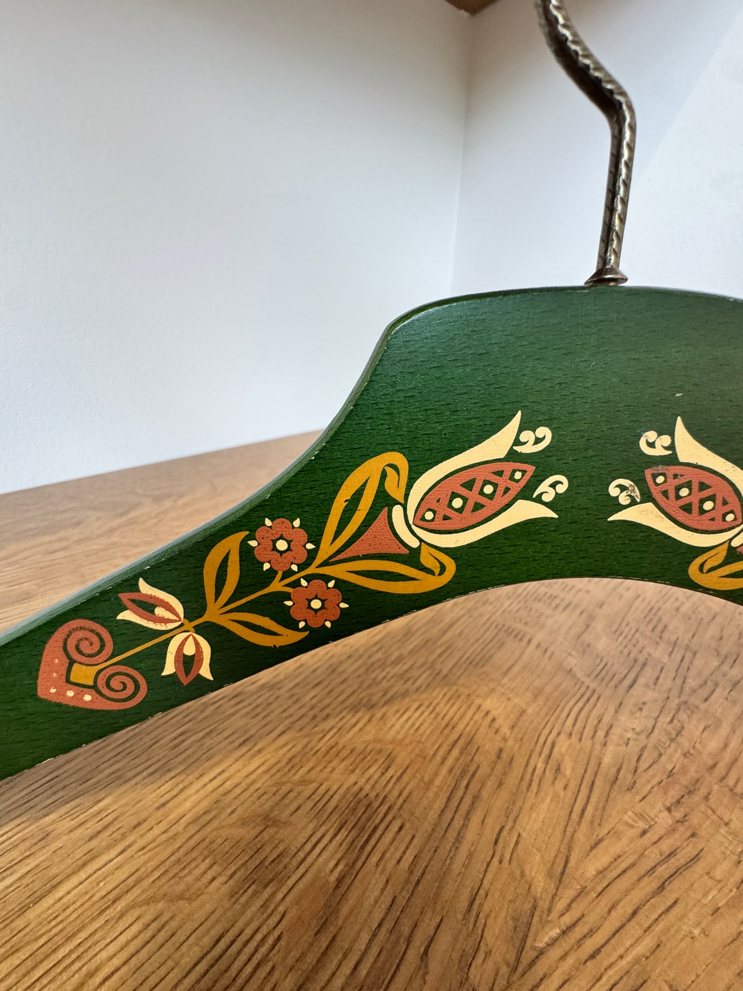 Hand-Painted Wooden Folk Art Hanger – Green Floral Tulip Design – 17"