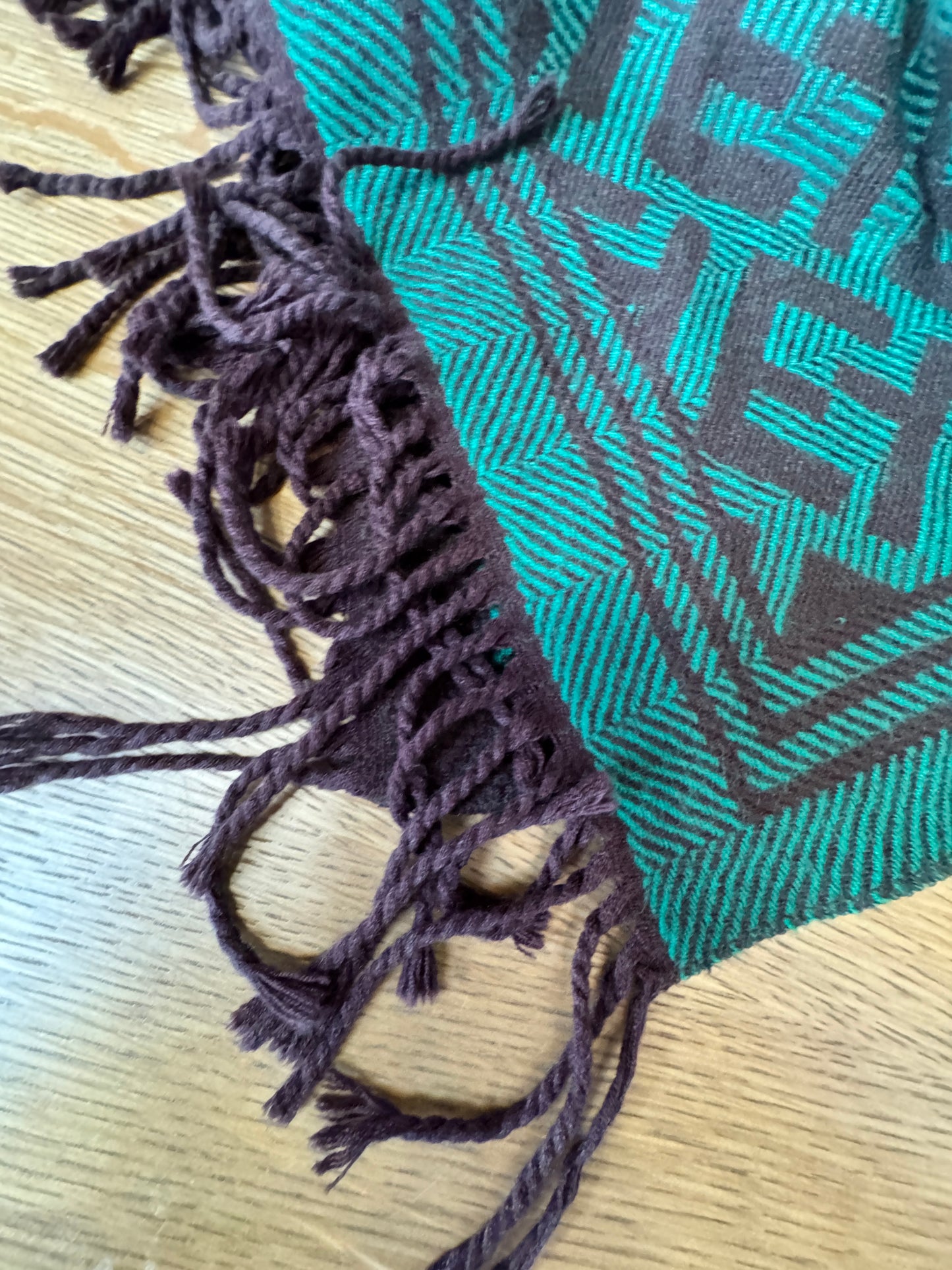 Geometric Virgin Wool Shawl - Emerald & Espresso, 26" x 68"