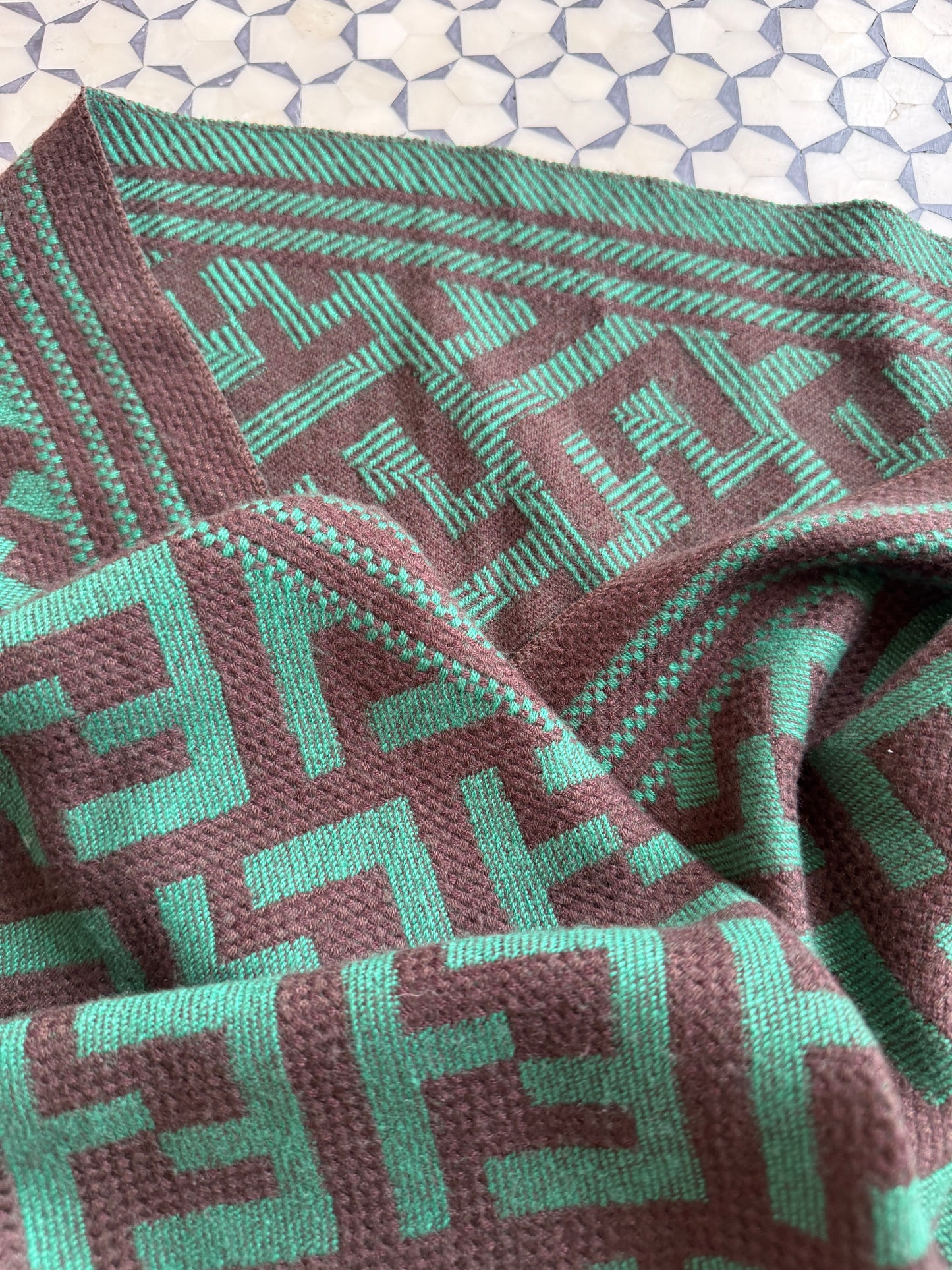 Geometric Virgin Wool Shawl - Emerald & Espresso, 26" x 68"