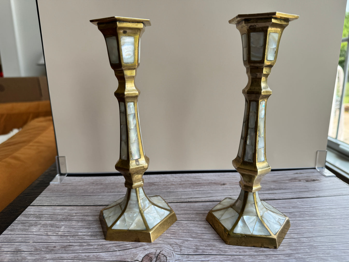 Mother-of-Pearl & Brass Candlestick Pair – 1970s–1990s