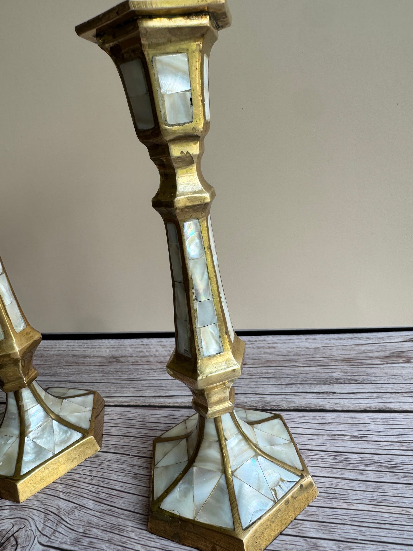 Mother-of-Pearl & Brass Candlestick Pair – 1970s–1990s