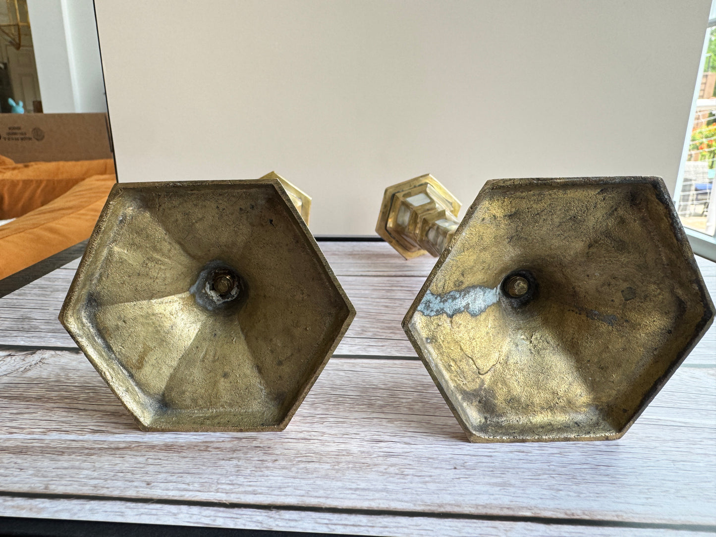 Mother-of-Pearl & Brass Candlestick Pair – 1970s–1990s