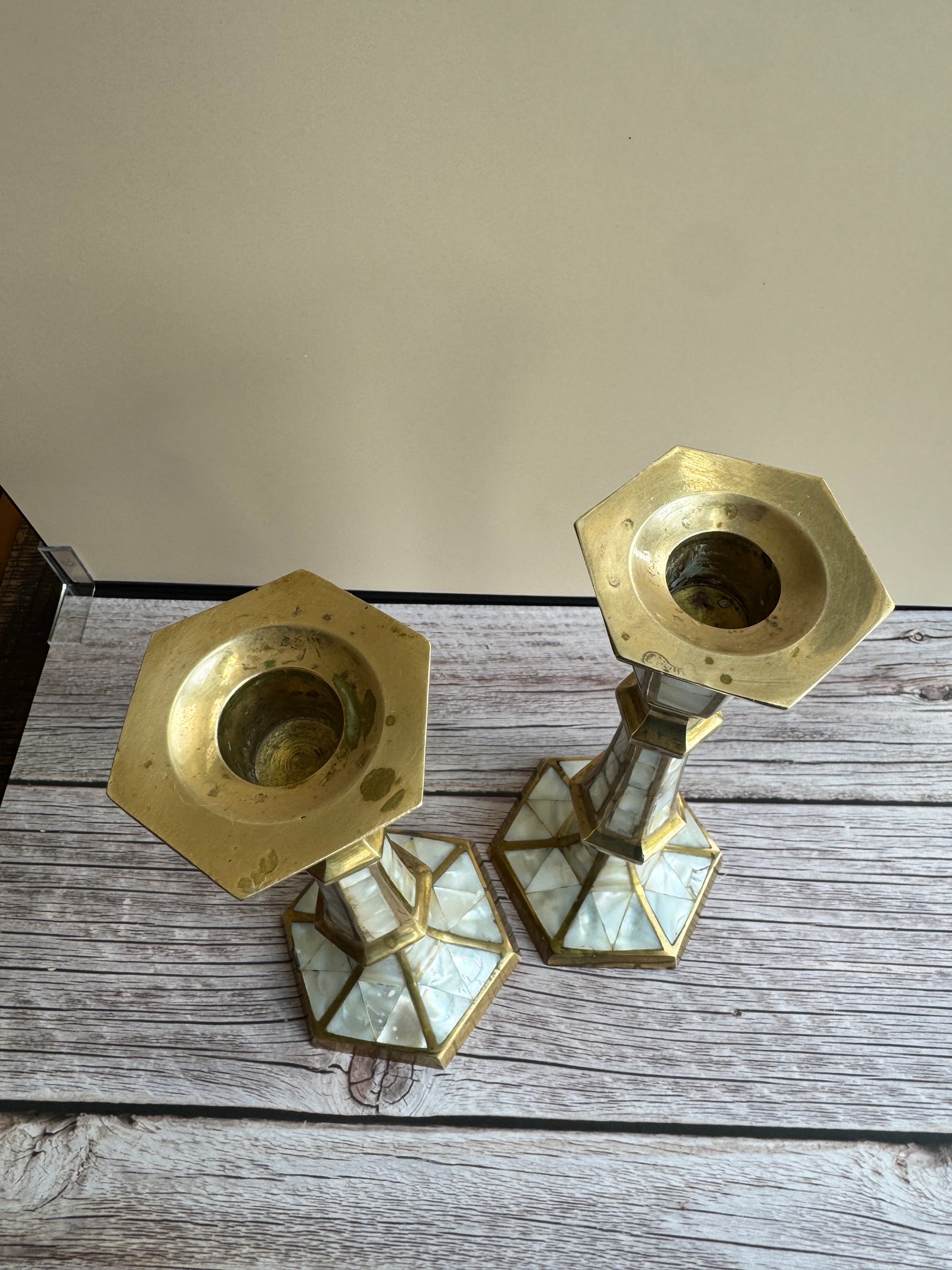 Mother-of-Pearl & Brass Candlestick Pair – 1970s–1990s