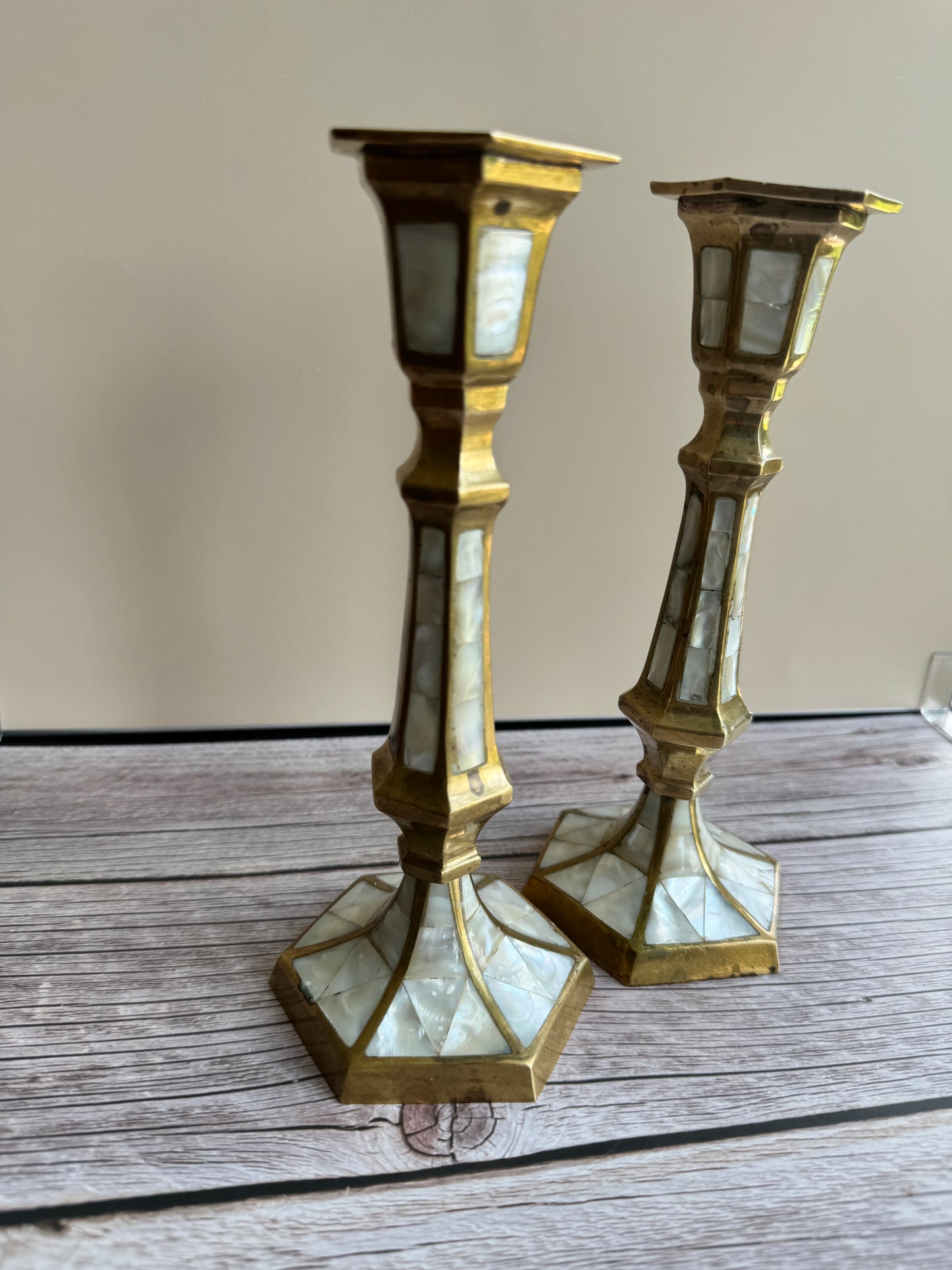 Mother-of-Pearl & Brass Candlestick Pair – 1970s–1990s