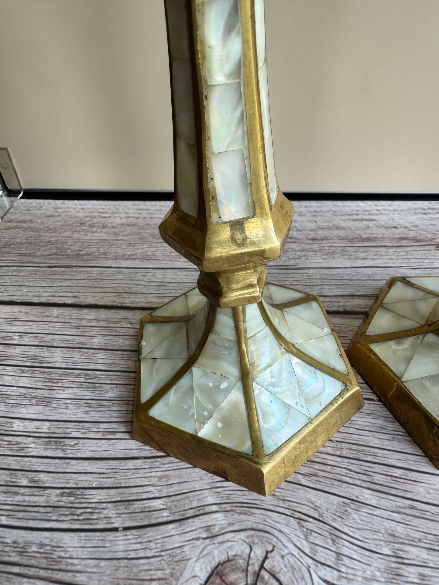 Mother-of-Pearl & Brass Candlestick Pair – 1970s–1990s