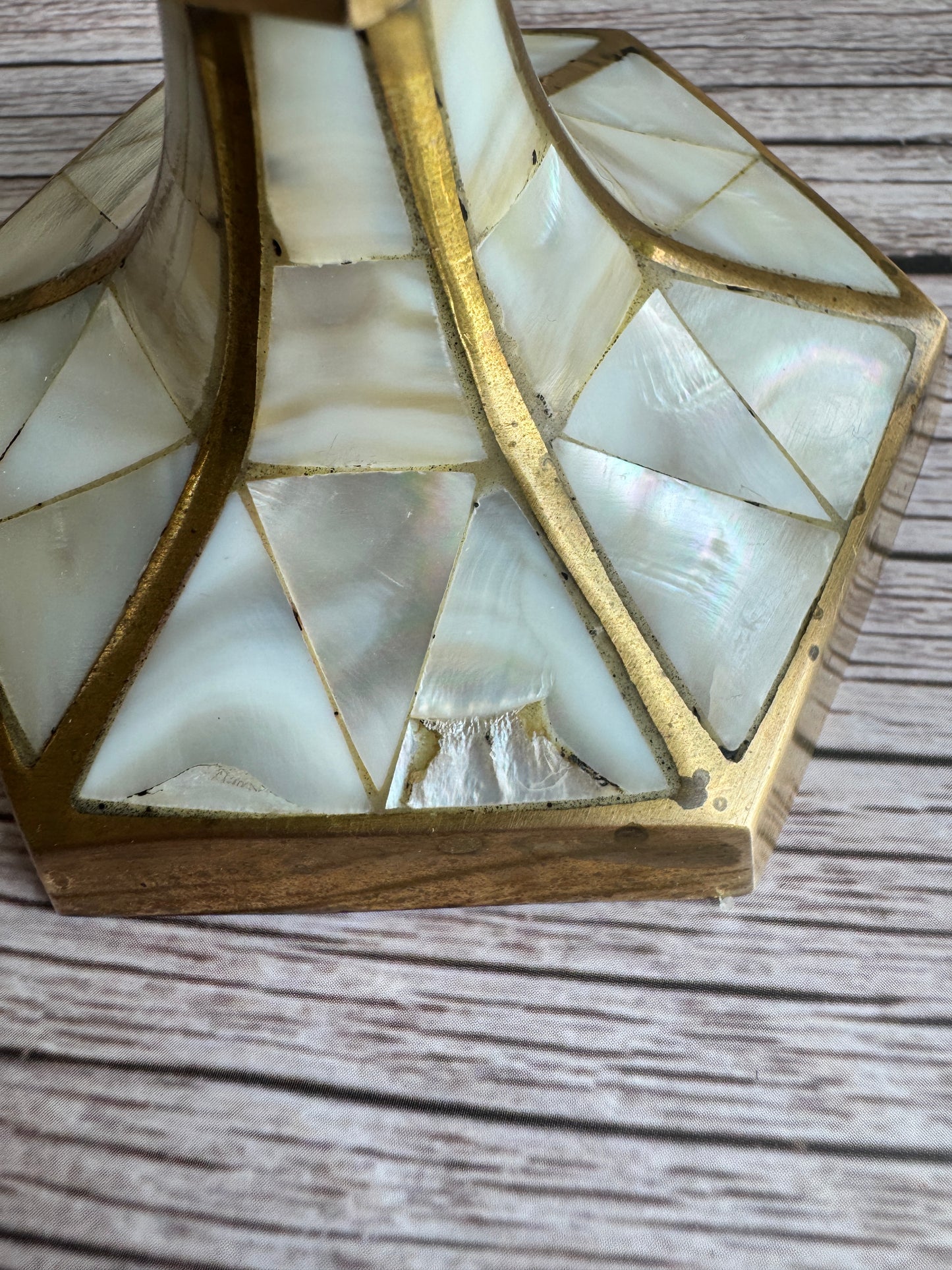 Mother-of-Pearl & Brass Candlestick Pair – 1970s–1990s