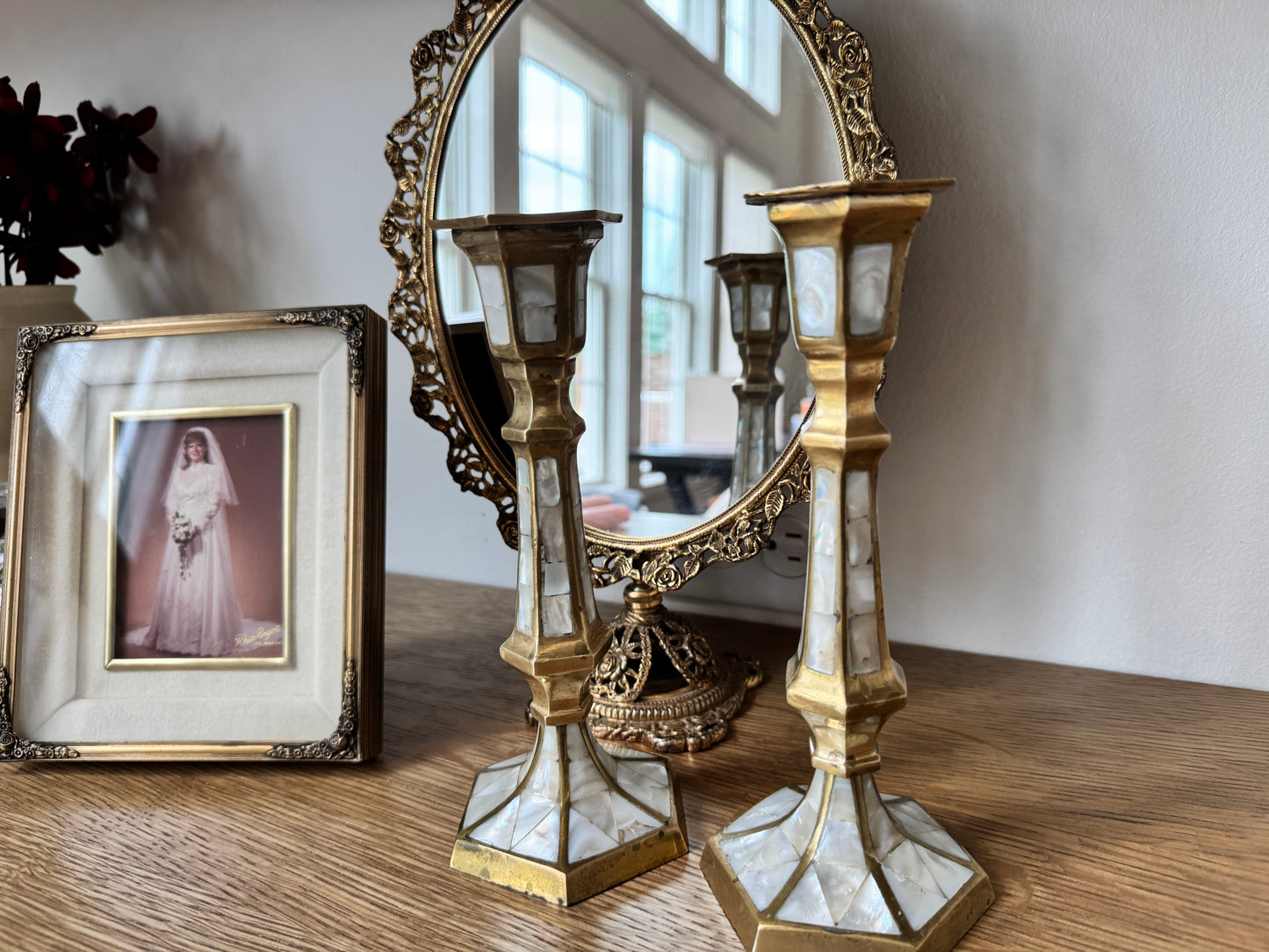Mother-of-Pearl & Brass Candlestick Pair – 1970s–1990s