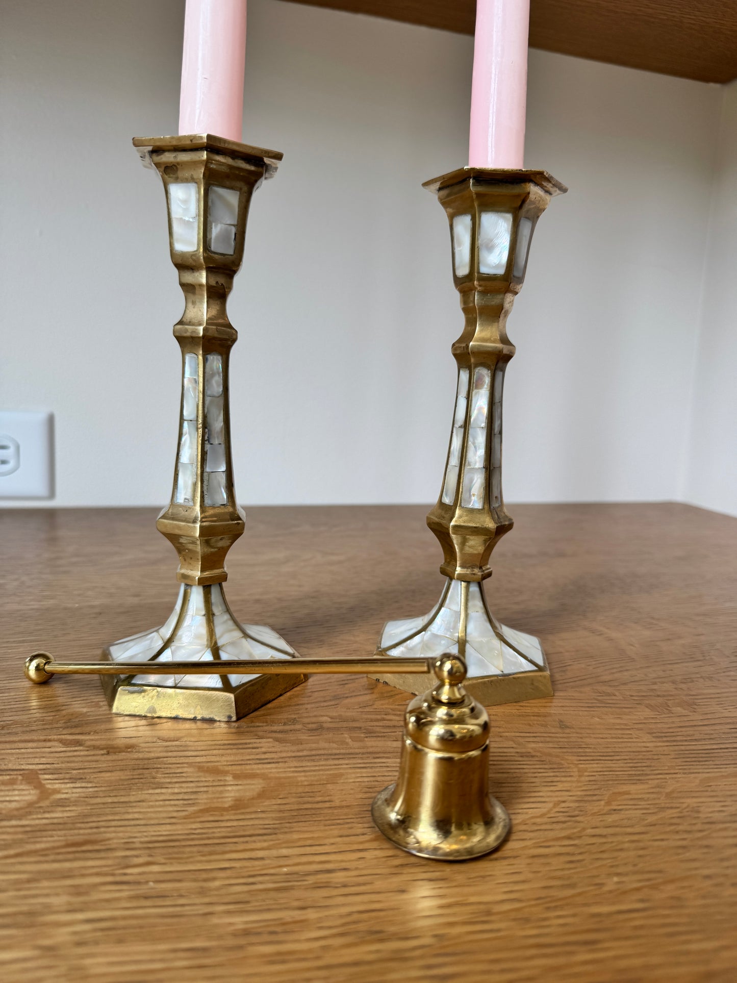 Mother-of-Pearl & Brass Candlestick Pair – 1970s–1990s