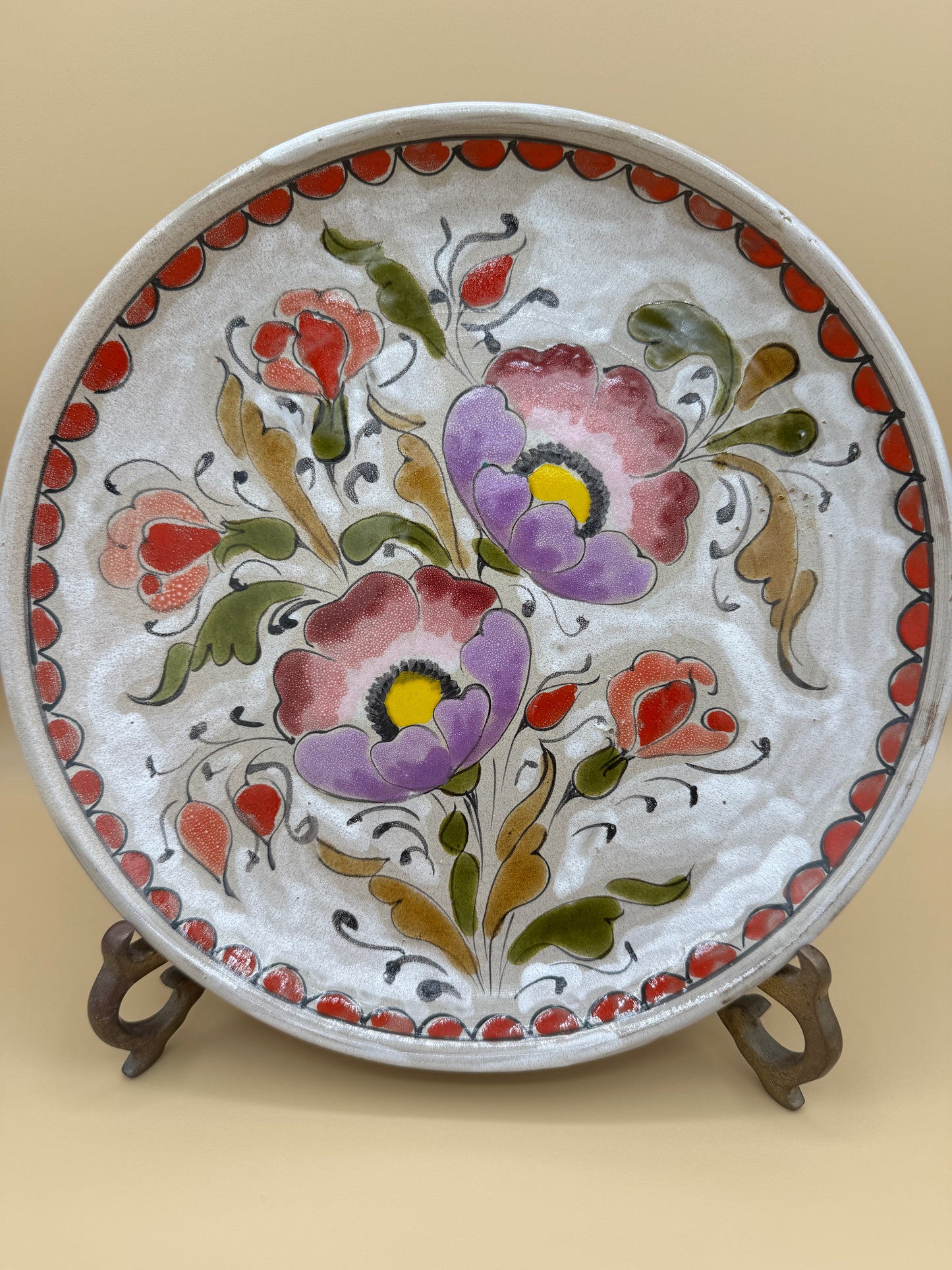 Elio Schiavon Italian Ceramic Plate – Hand-Painted Floral, Mid-Century Studio Pottery