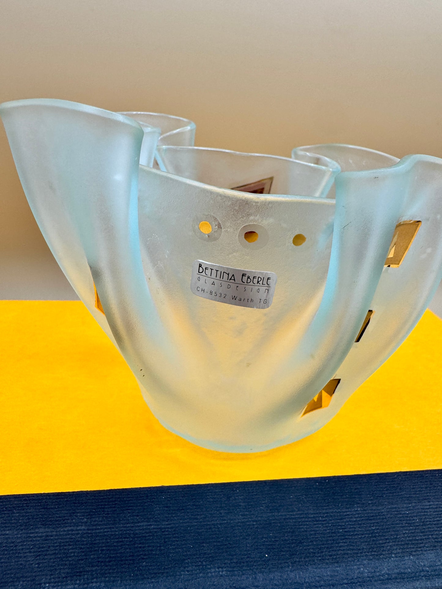 Bettina Eberle Swiss Glass Vase – Frosted Art Glass with Gold Accents, Signed GlasDesign