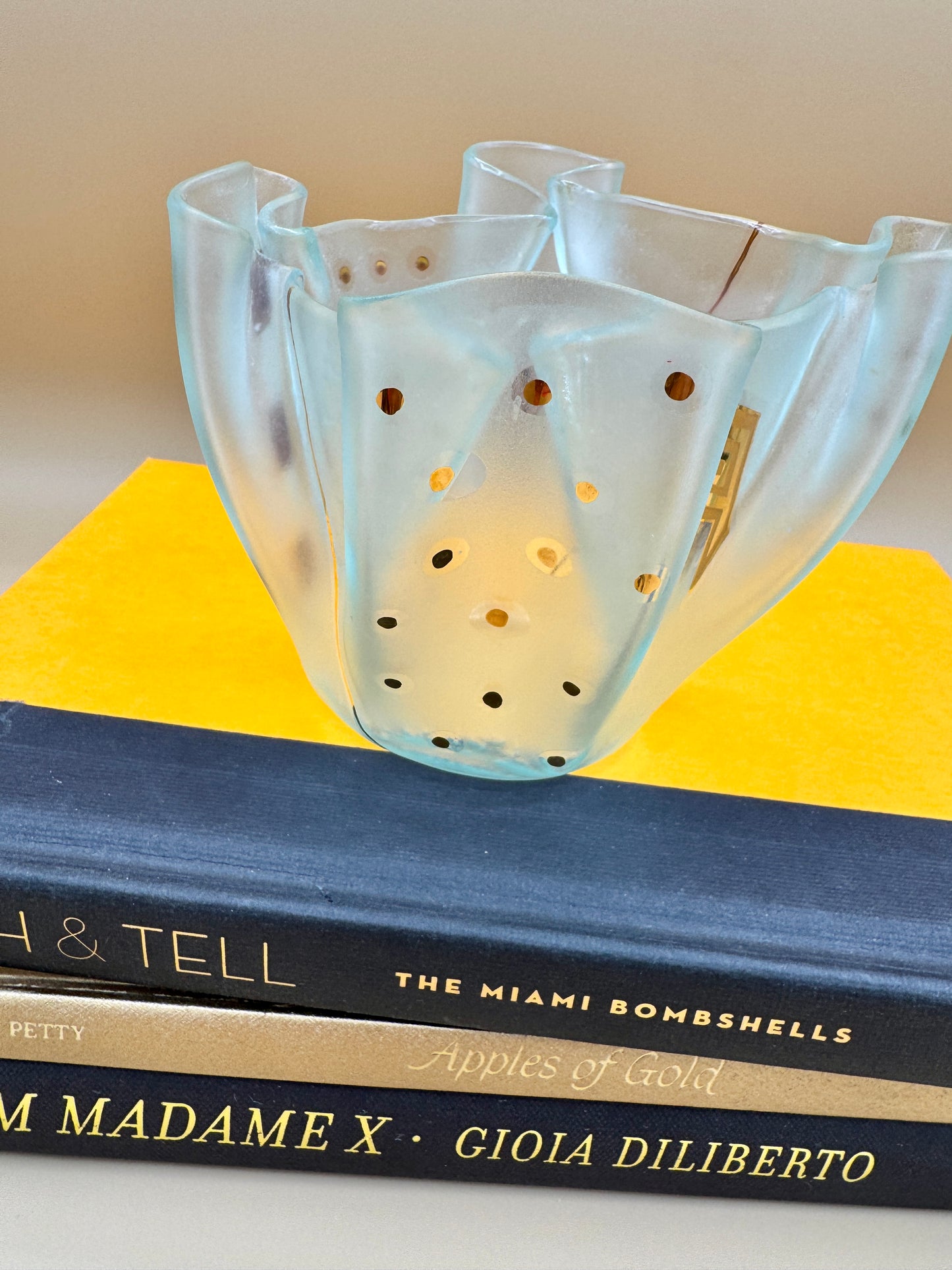 Bettina Eberle Swiss Glass Vase – Frosted Art Glass with Gold Accents, Signed GlasDesign
