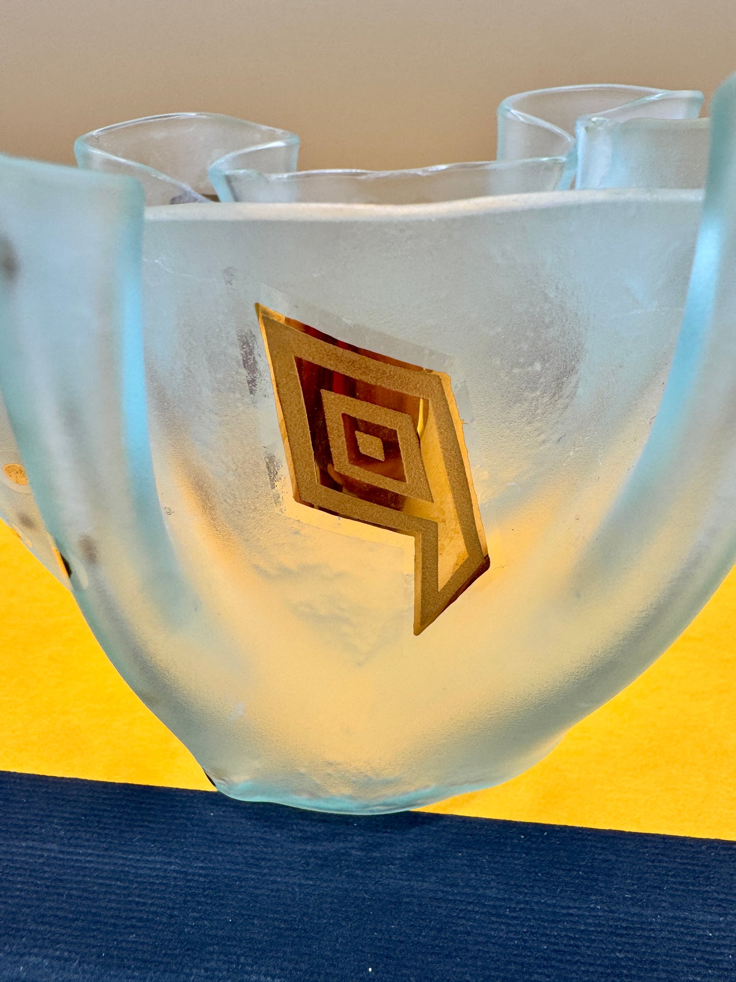 Bettina Eberle Swiss Glass Vase – Frosted Art Glass with Gold Accents, Signed GlasDesign