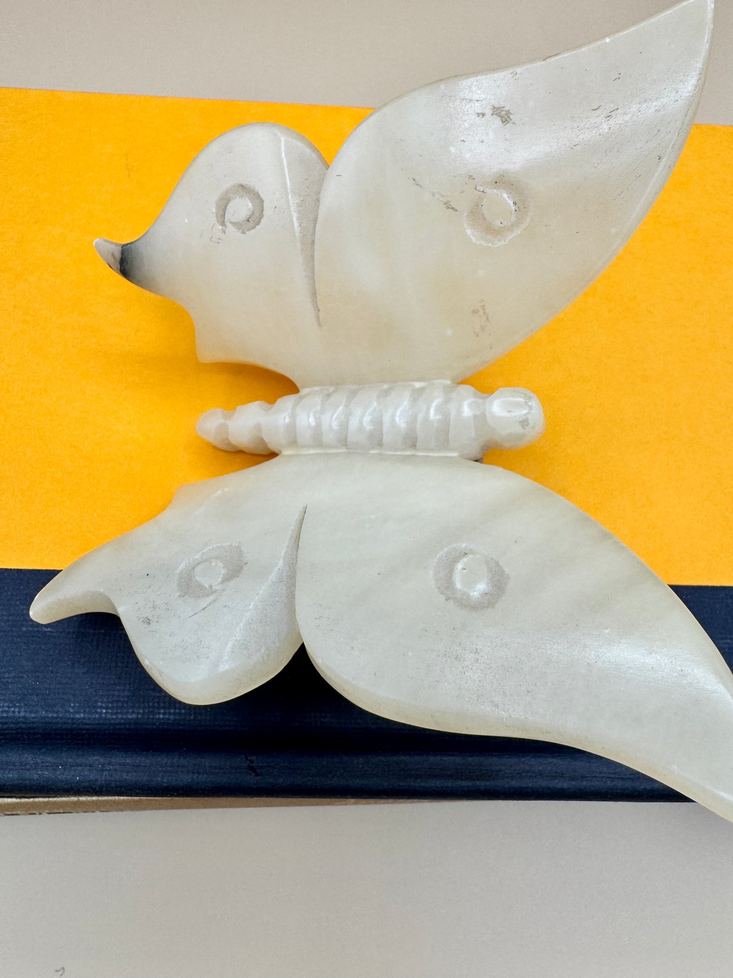 Vintage Alabaster Butterfly Figurine – Carved Stone Accent with Natural Wear