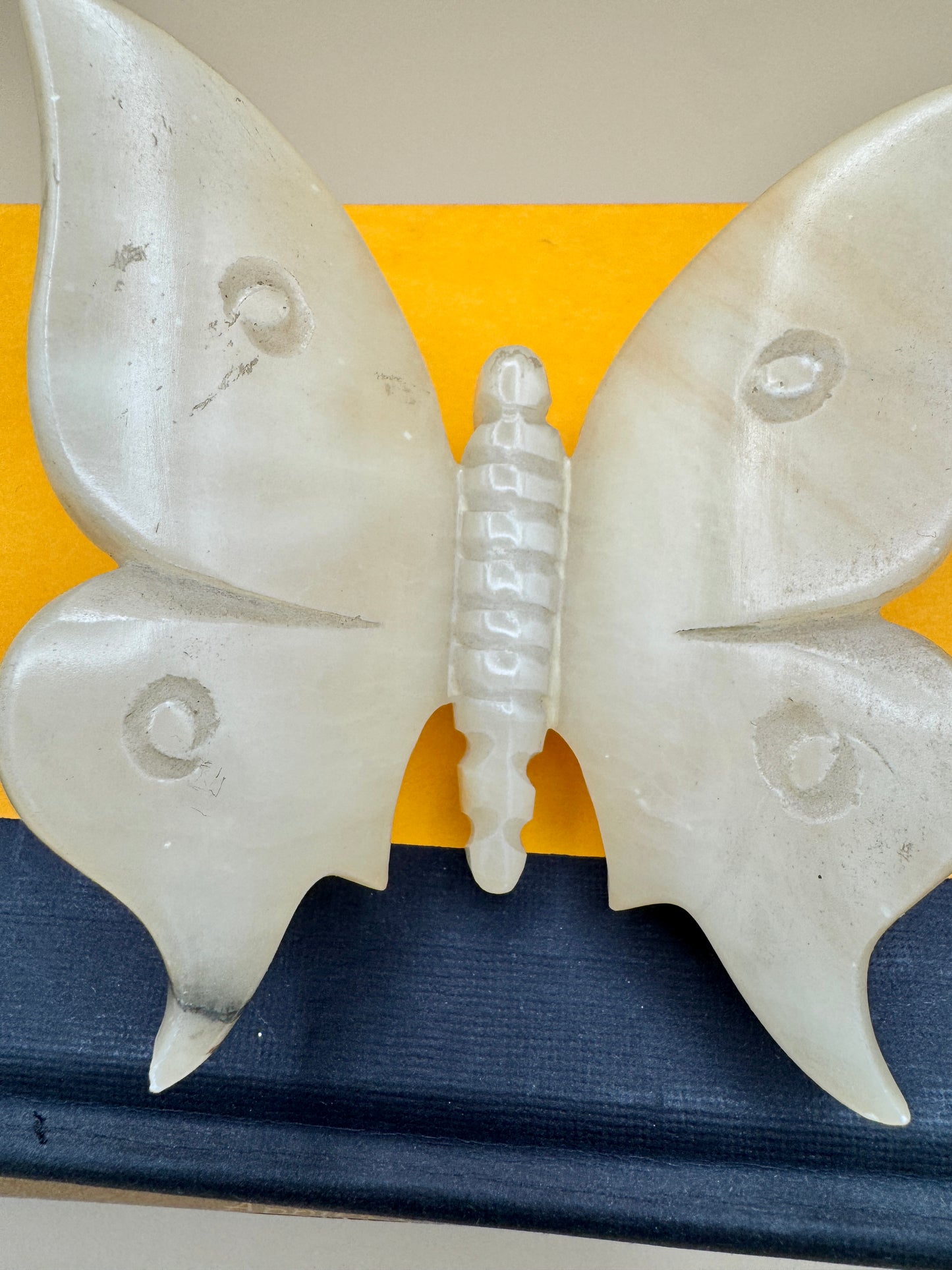 Vintage Alabaster Butterfly Figurine – Carved Stone Accent with Natural Wear