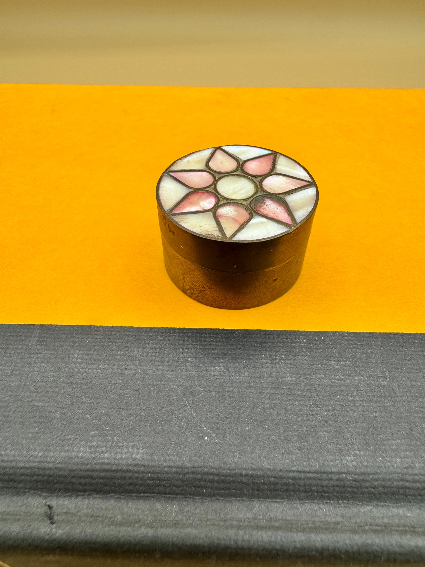 Vintage Brass Pill Box with Mother of Pearl Inlay – Small Trinket Box, 1.5”
