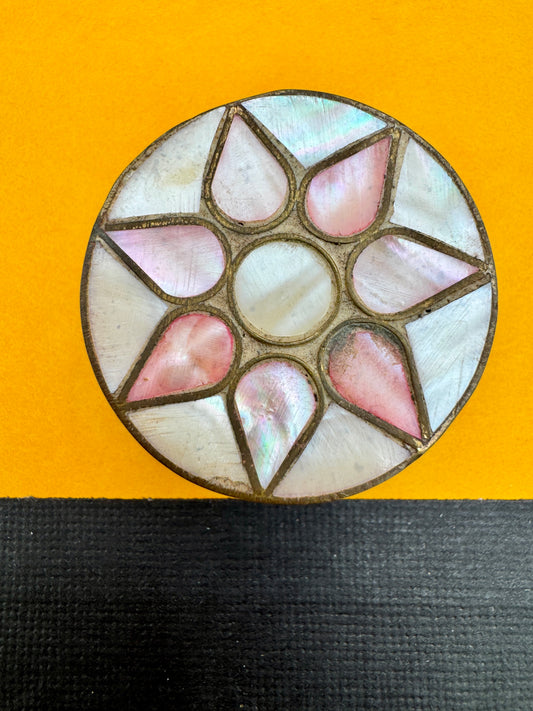 Vintage Brass Pill Box with Mother of Pearl Inlay – Small Trinket Box, 1.5”
