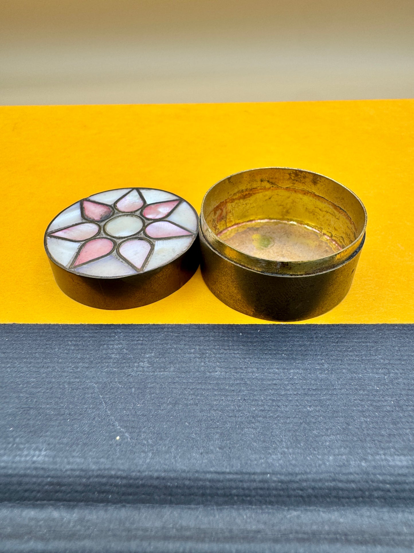 Vintage Brass Pill Box with Mother of Pearl Inlay – Small Trinket Box, 1.5”