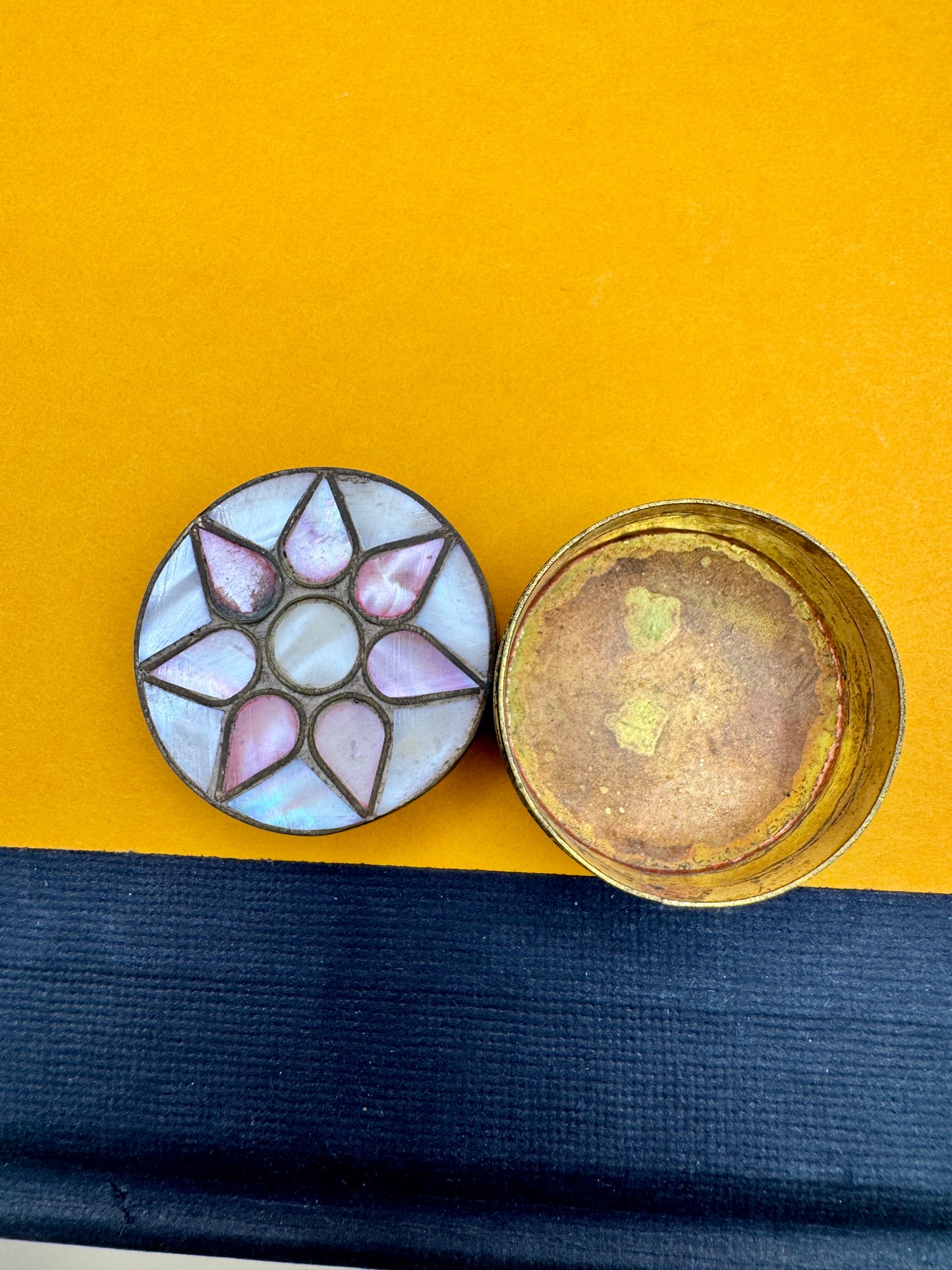 Vintage Brass Pill Box with Mother of Pearl Inlay – Small Trinket Box, 1.5”