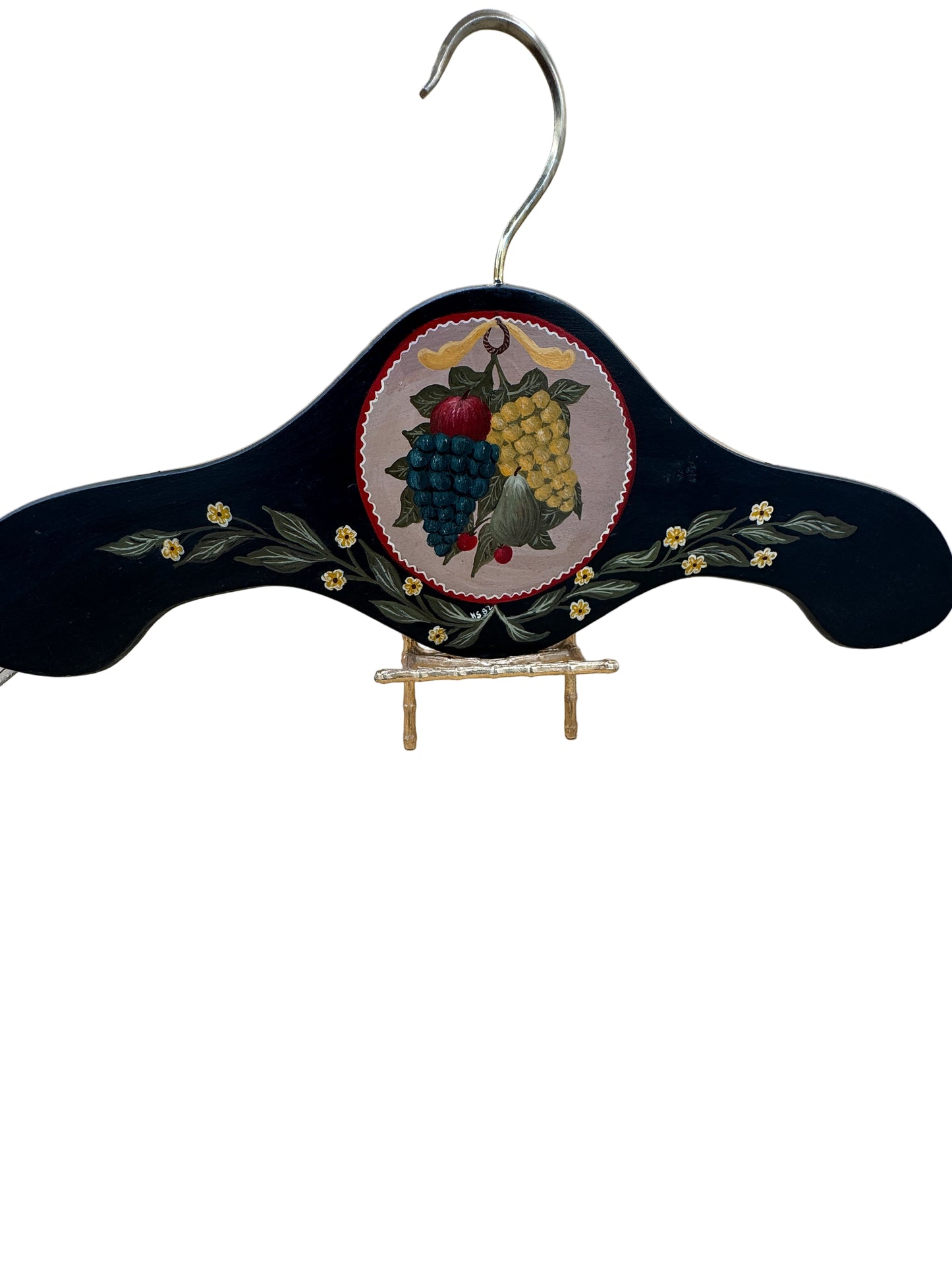 Hand-Painted Wooden Hanger with Fruit and Floral Design – Signed HS 1982
