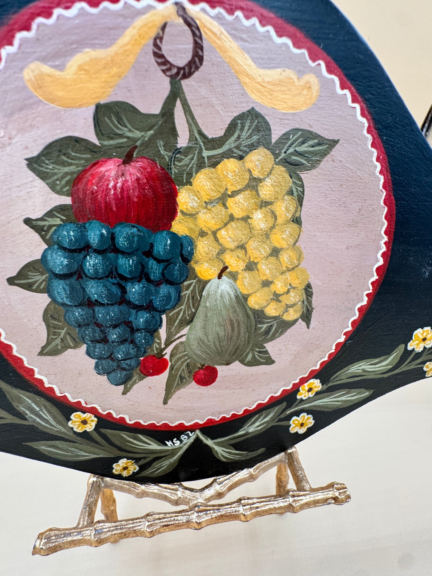 Hand-Painted Wooden Hanger with Fruit and Floral Design – Signed HS 1982